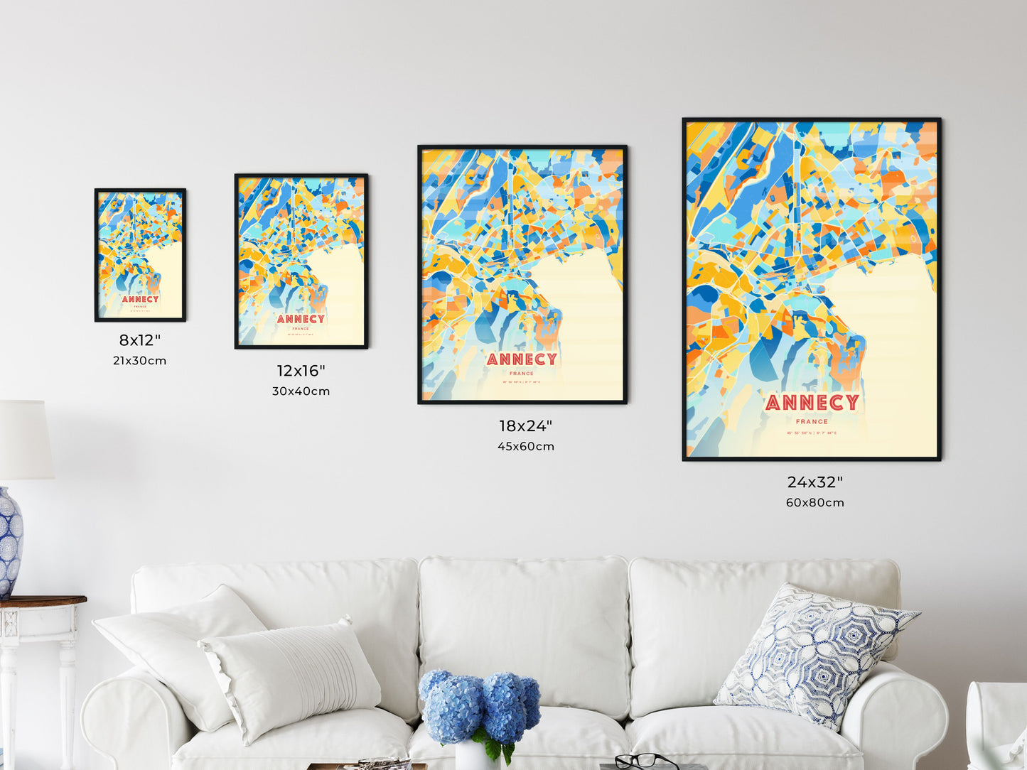 Colorful ANNECY FRANCE Fine Art Map Blue Orange