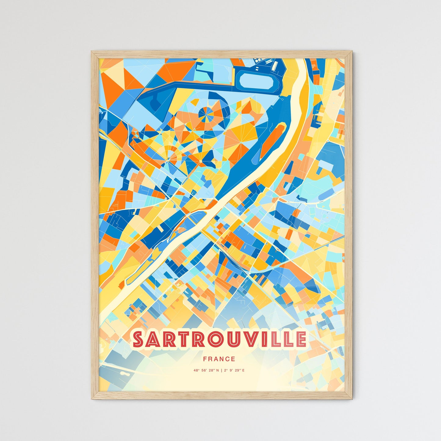 Colorful SARTROUVILLE FRANCE Fine Art Map Blue Orange