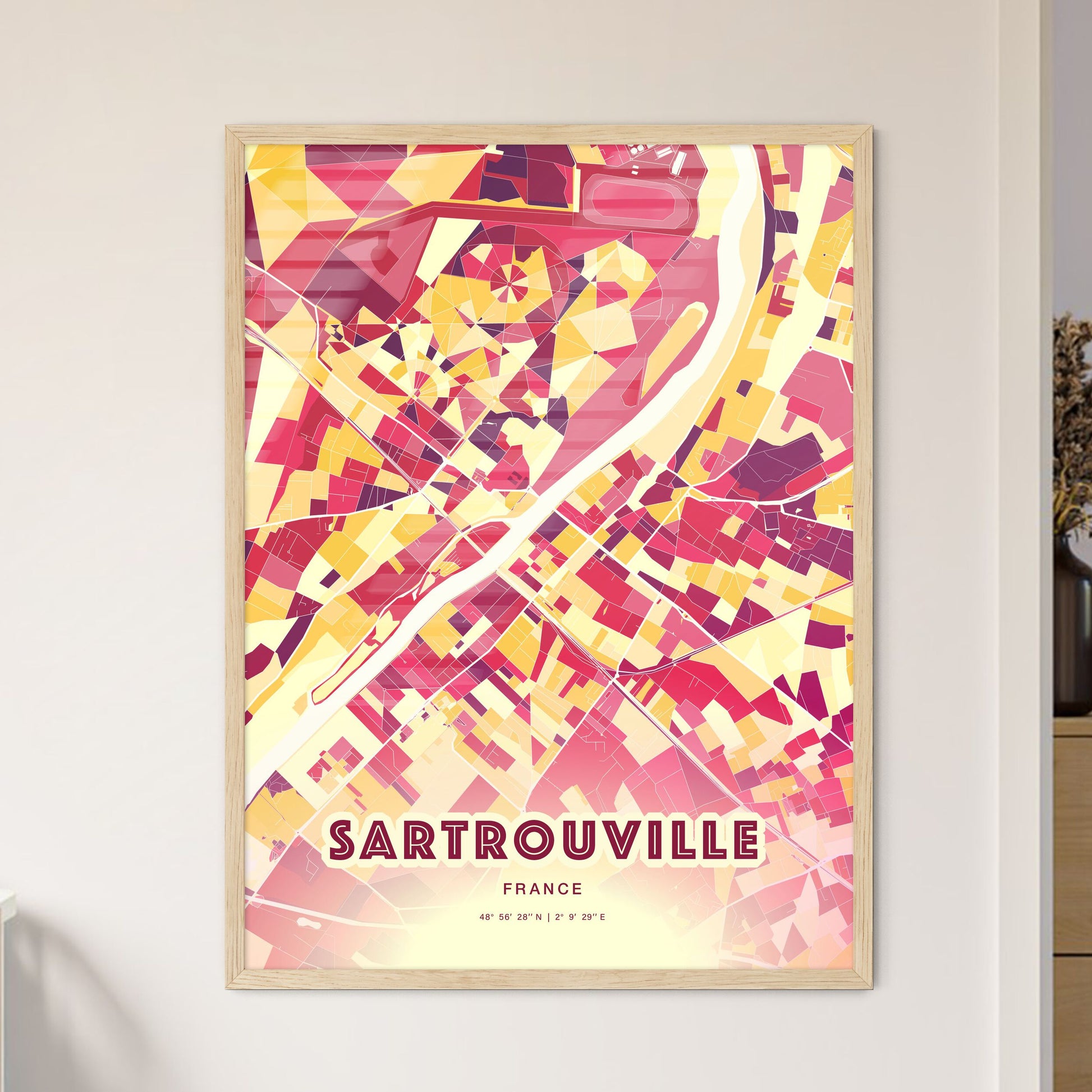 Colorful SARTROUVILLE FRANCE Fine Art Map Hot Red