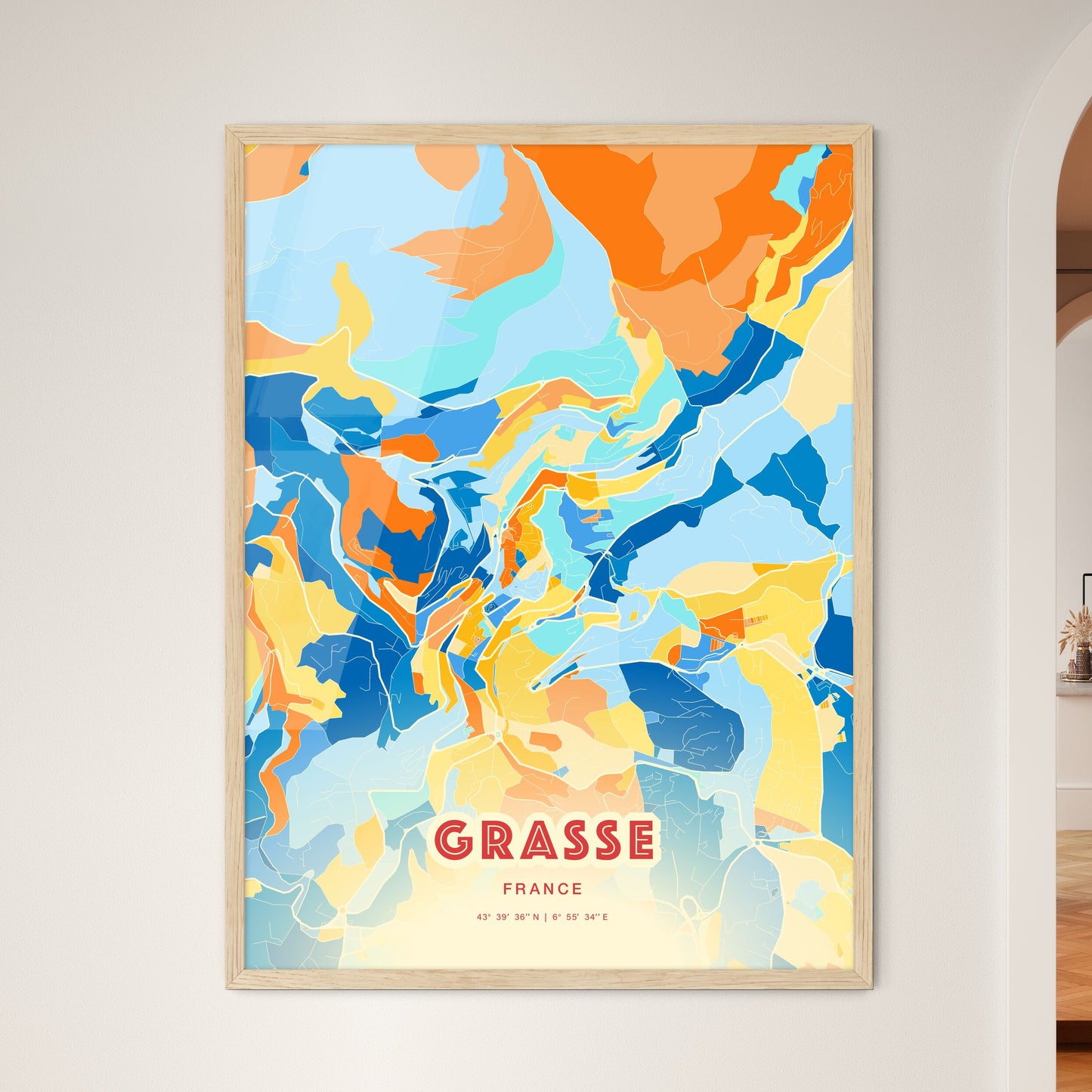 Colorful GRASSE FRANCE Fine Art Map Blue Orange