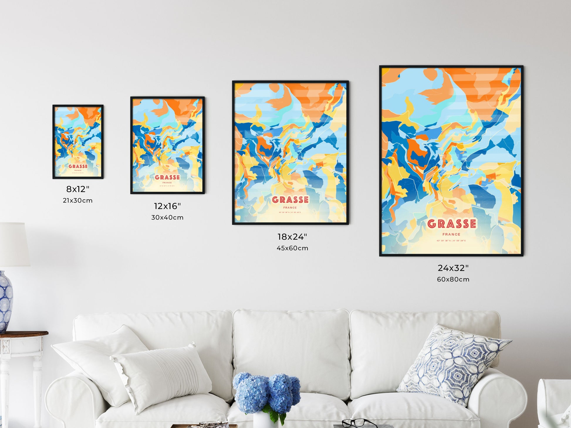 Colorful GRASSE FRANCE Fine Art Map Blue Orange