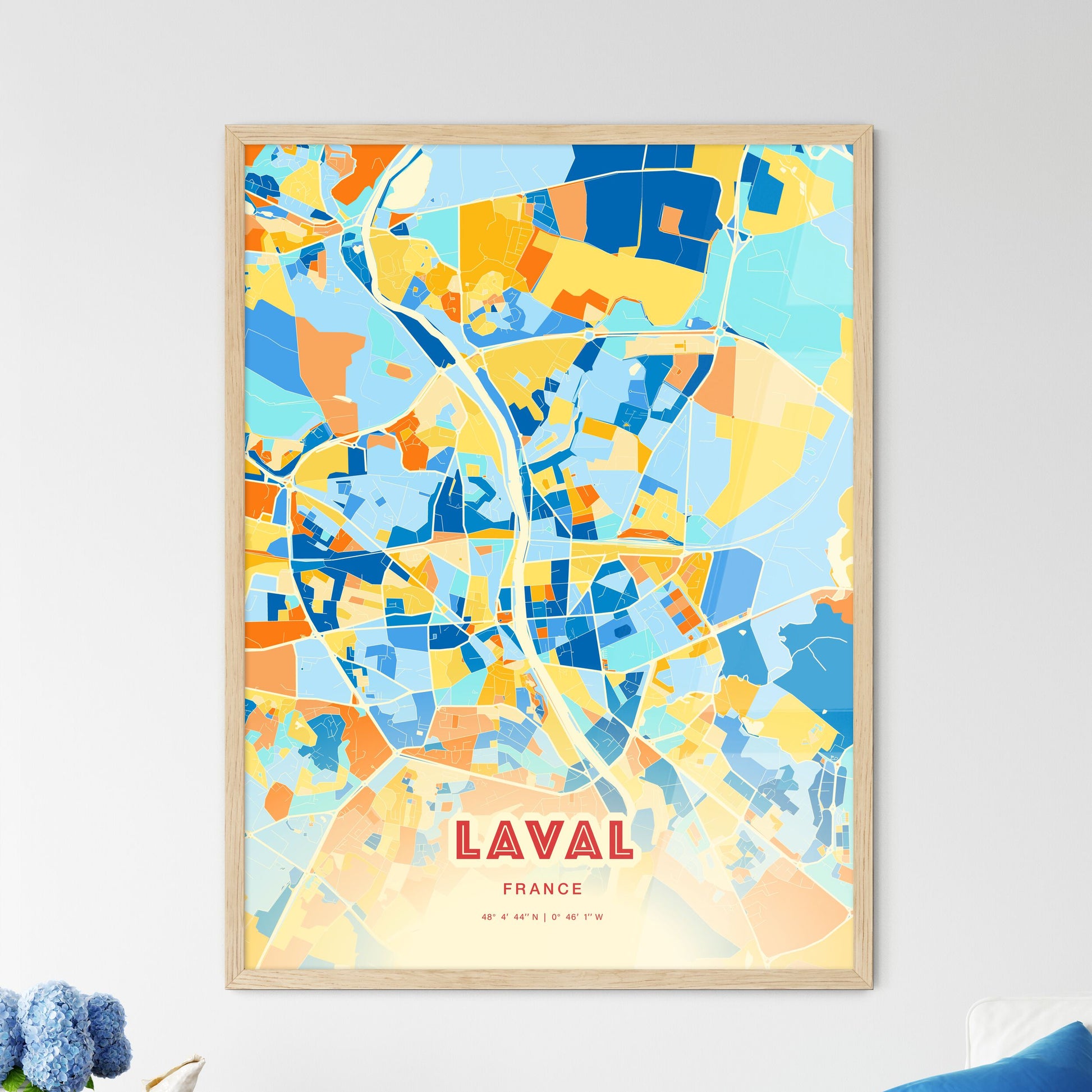 Colorful LAVAL FRANCE Fine Art Map Blue Orange