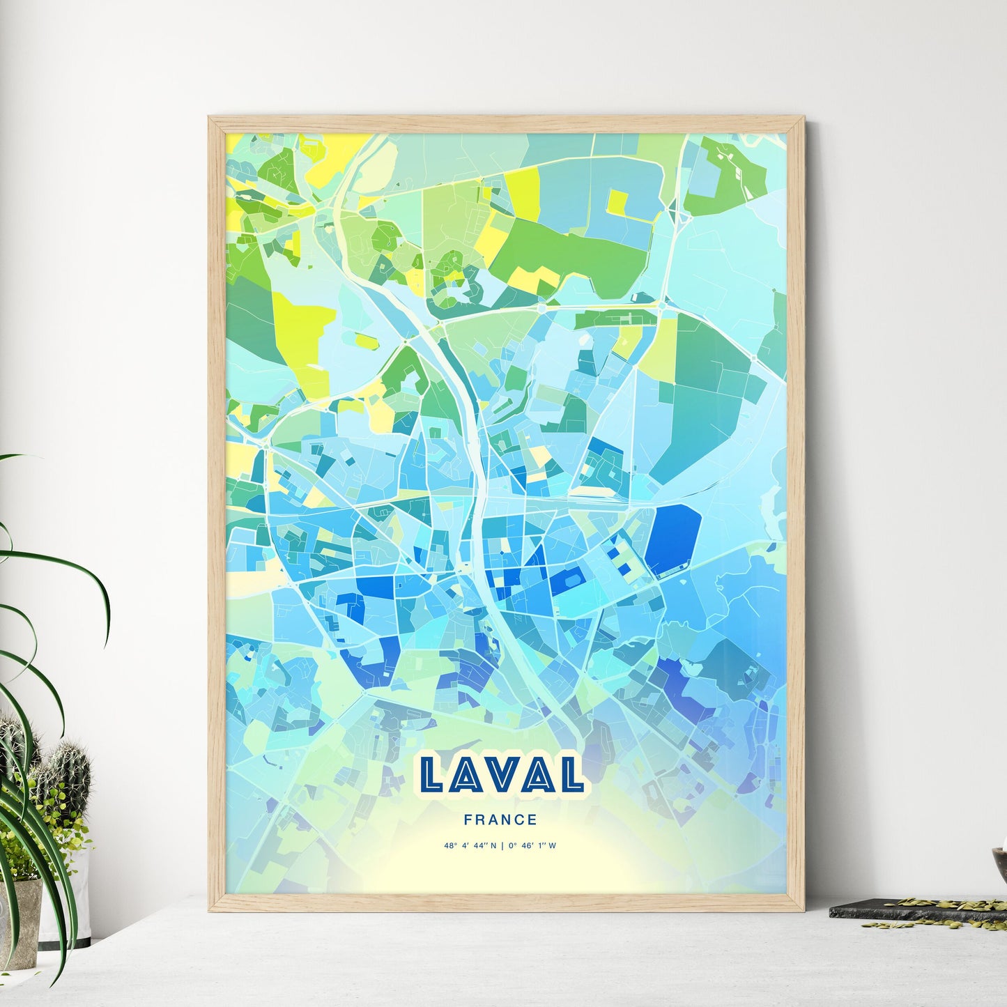 Colorful LAVAL FRANCE Fine Art Map Cool Blue