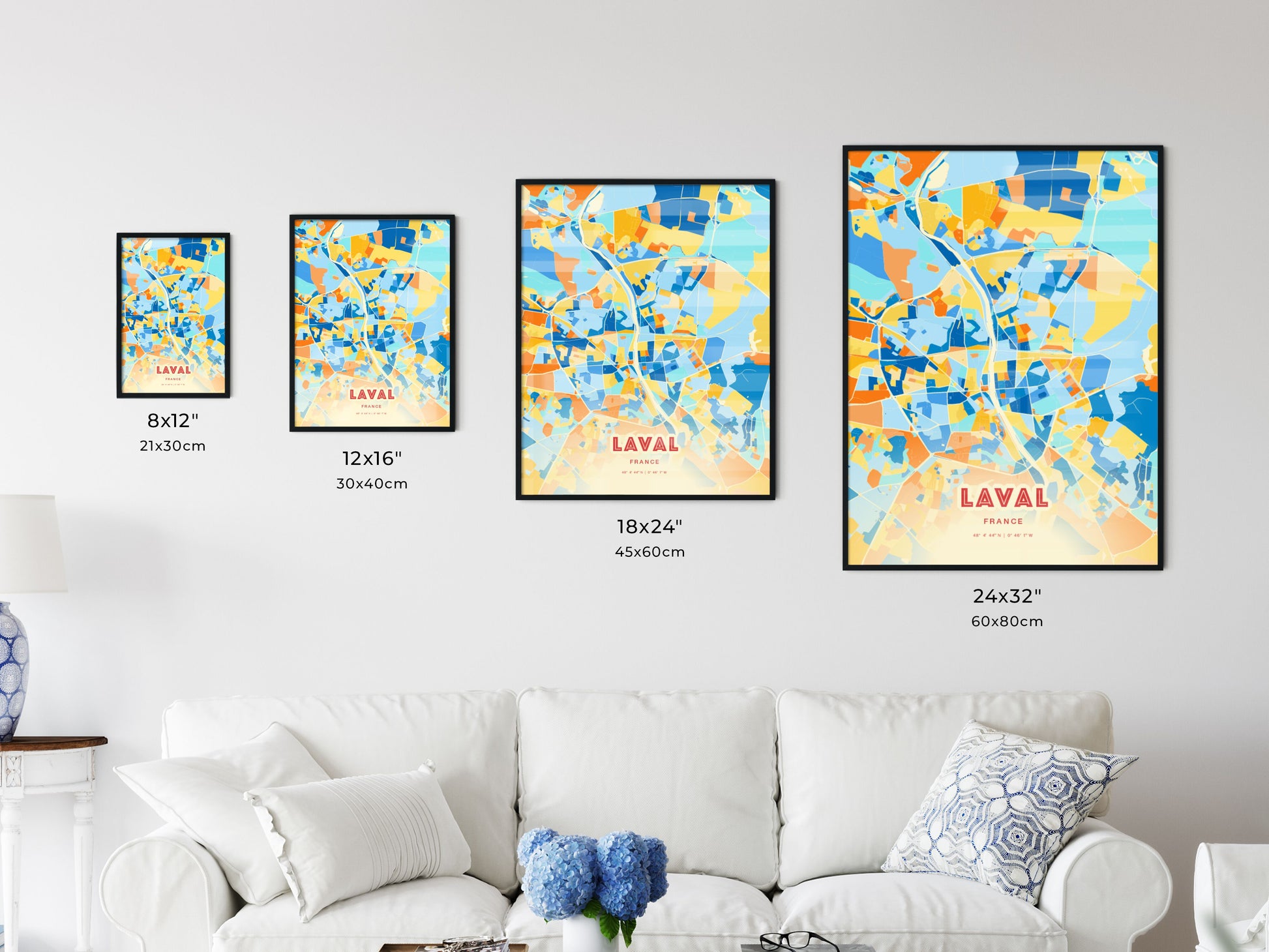 Colorful LAVAL FRANCE Fine Art Map Blue Orange