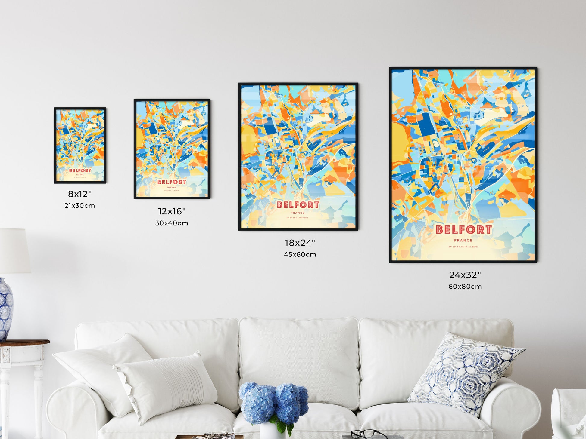 Colorful BELFORT FRANCE Fine Art Map Blue Orange