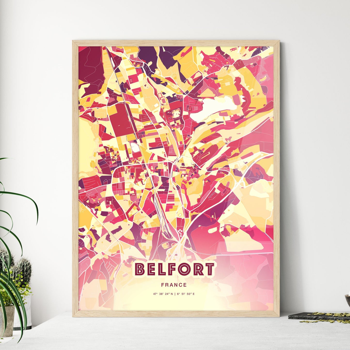 Colorful BELFORT FRANCE Fine Art Map Hot Red