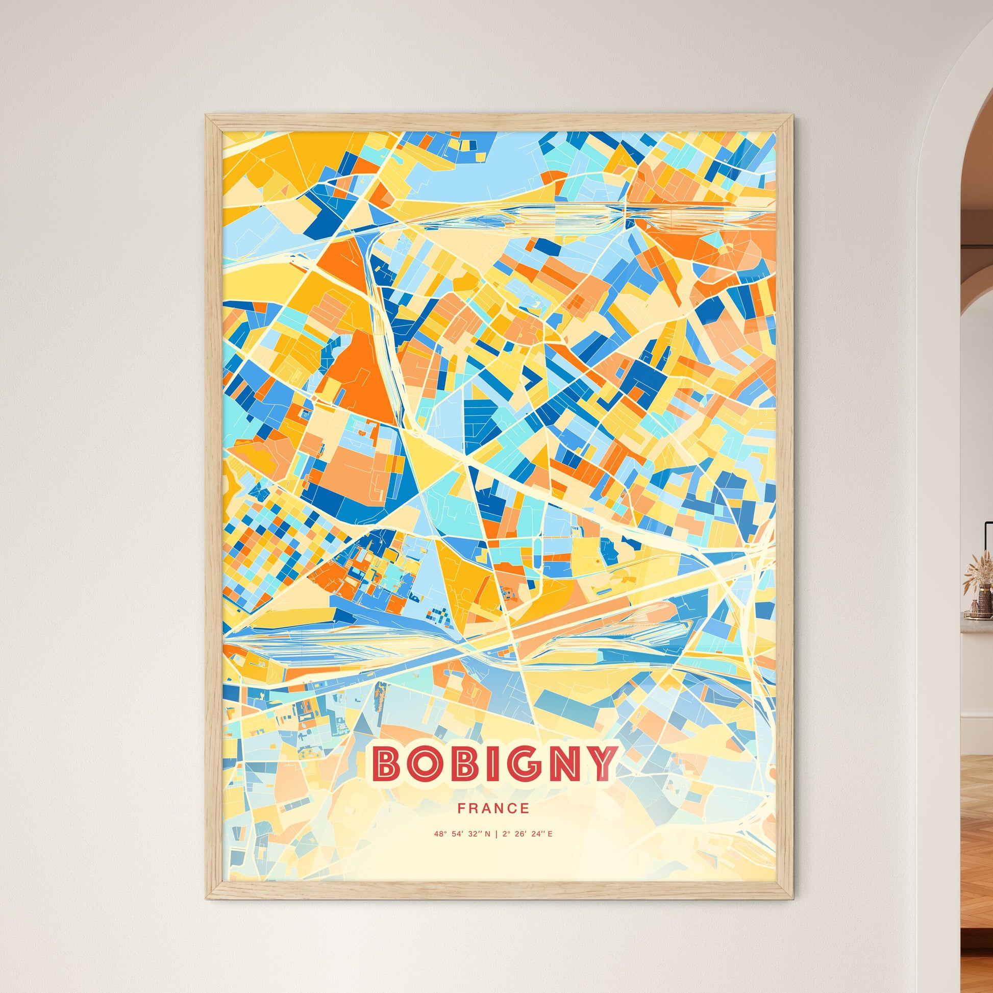 Colorful BOBIGNY FRANCE Fine Art Map Blue Orange