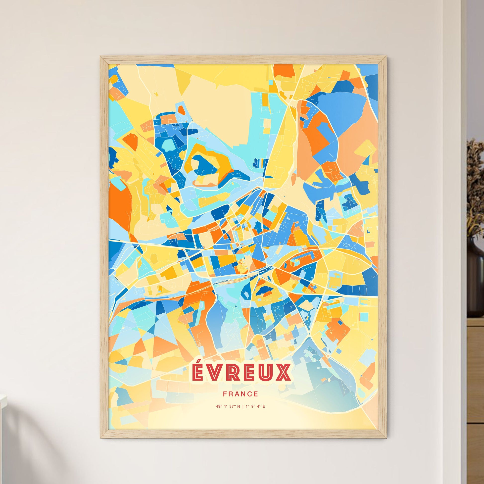 Colorful ÉVREUX FRANCE Fine Art Map Blue Orange