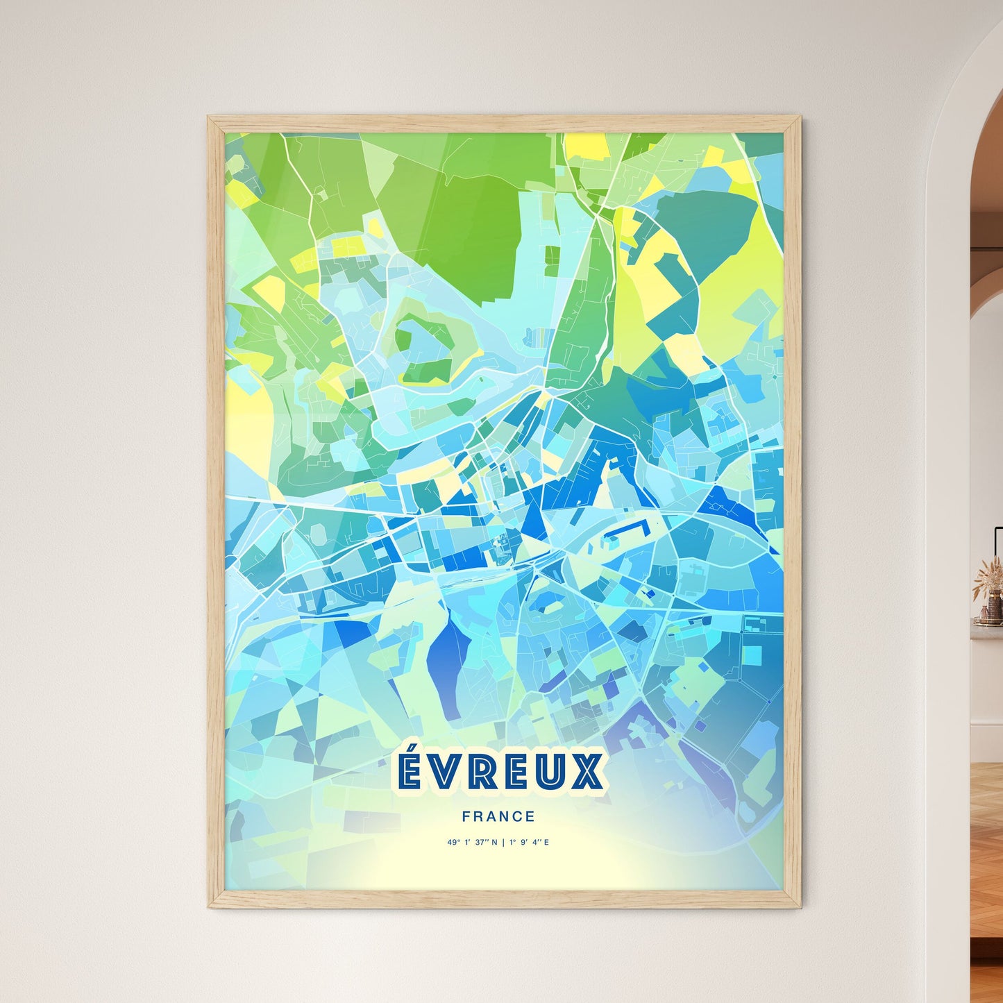 Colorful ÉVREUX FRANCE Fine Art Map Cool Blue