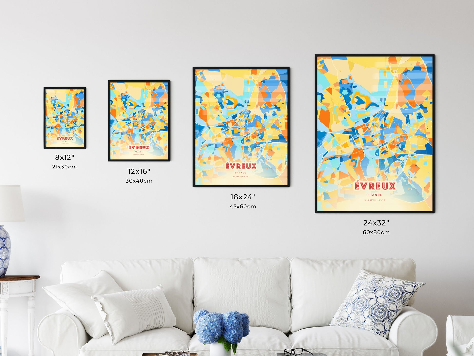 Colorful ÉVREUX FRANCE Fine Art Map Blue Orange