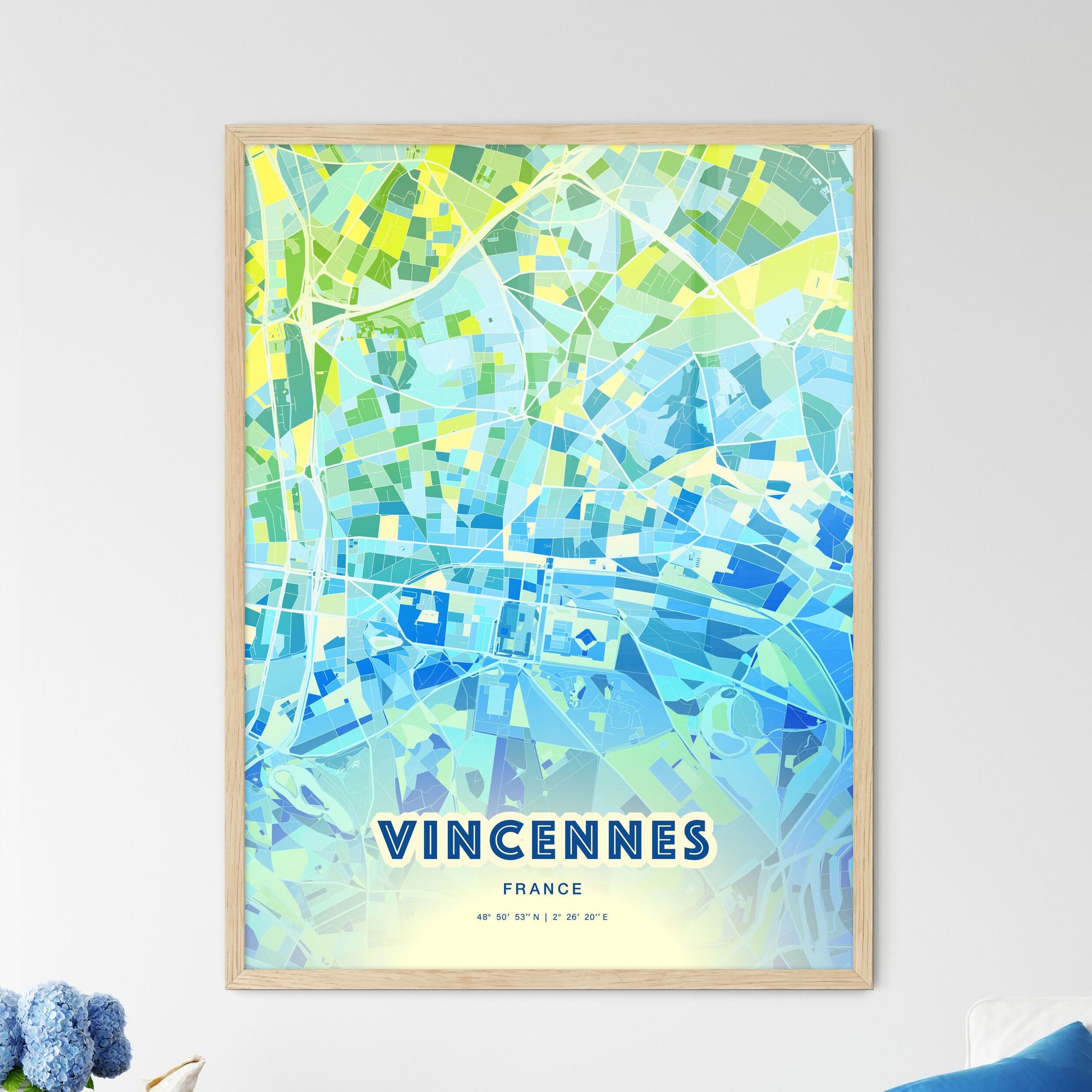 Colorful VINCENNES FRANCE Fine Art Map Cool Blue