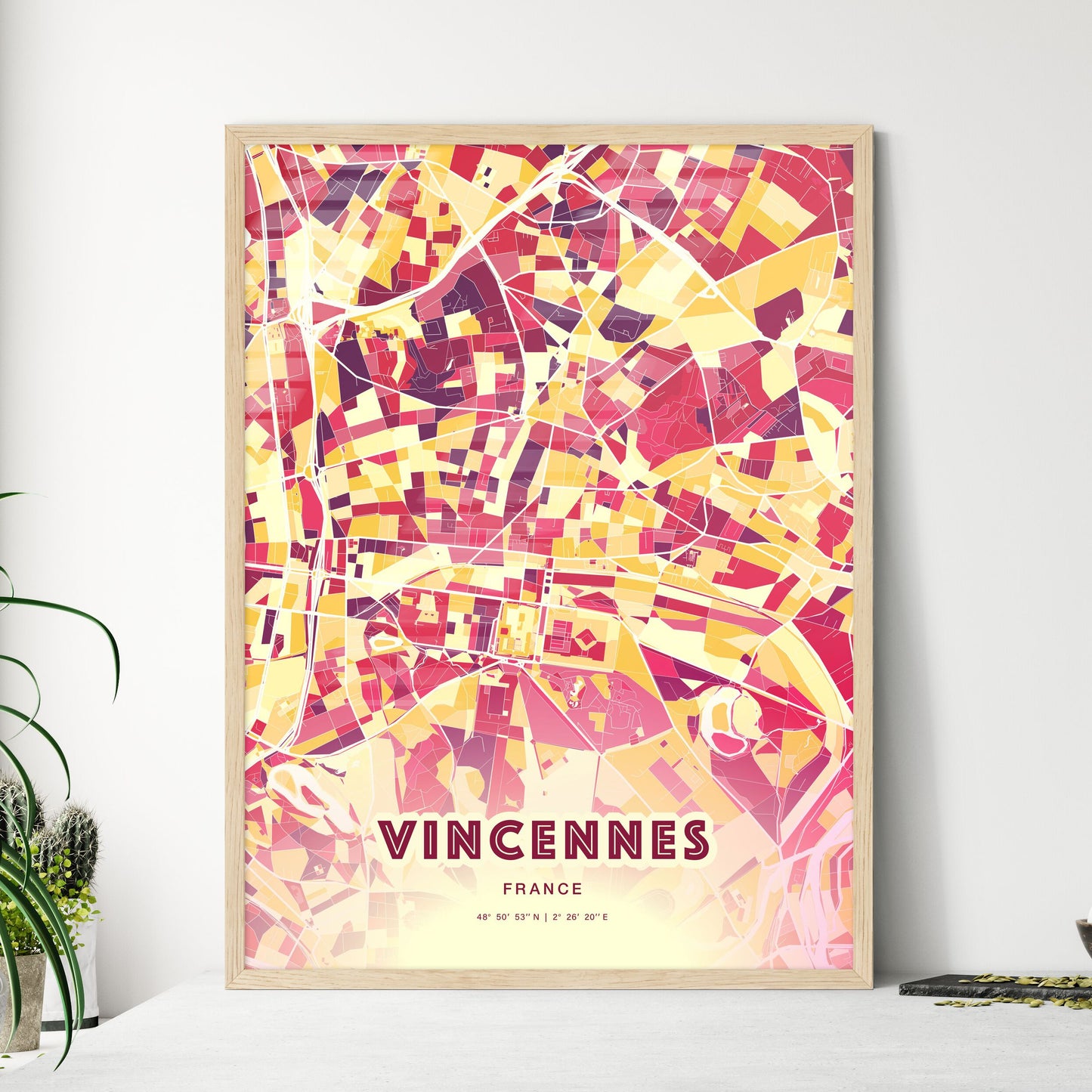 Colorful VINCENNES FRANCE Fine Art Map Hot Red