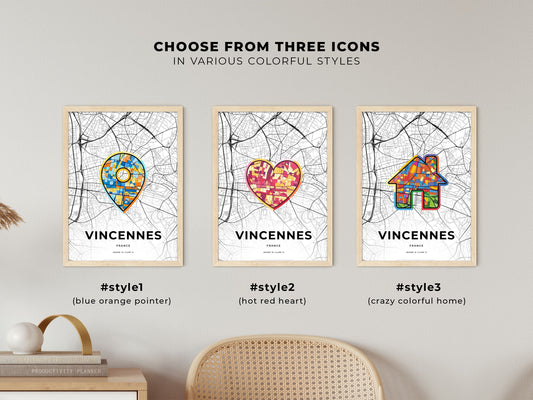 Vincennes France maps with colorful icons