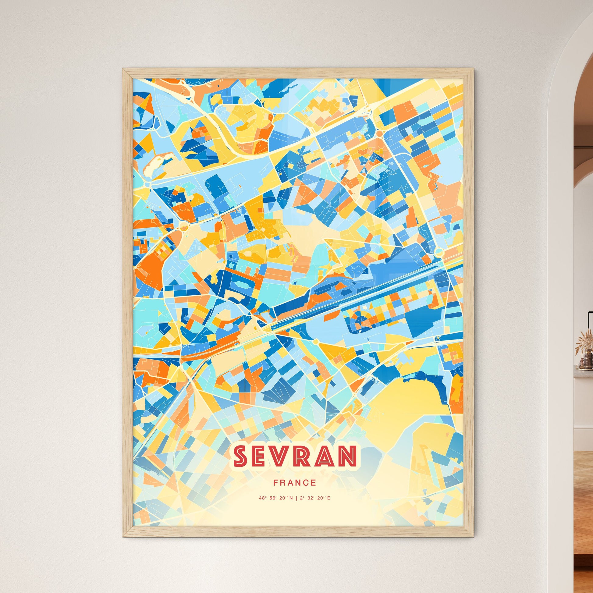 Colorful SEVRAN FRANCE Fine Art Map Blue Orange