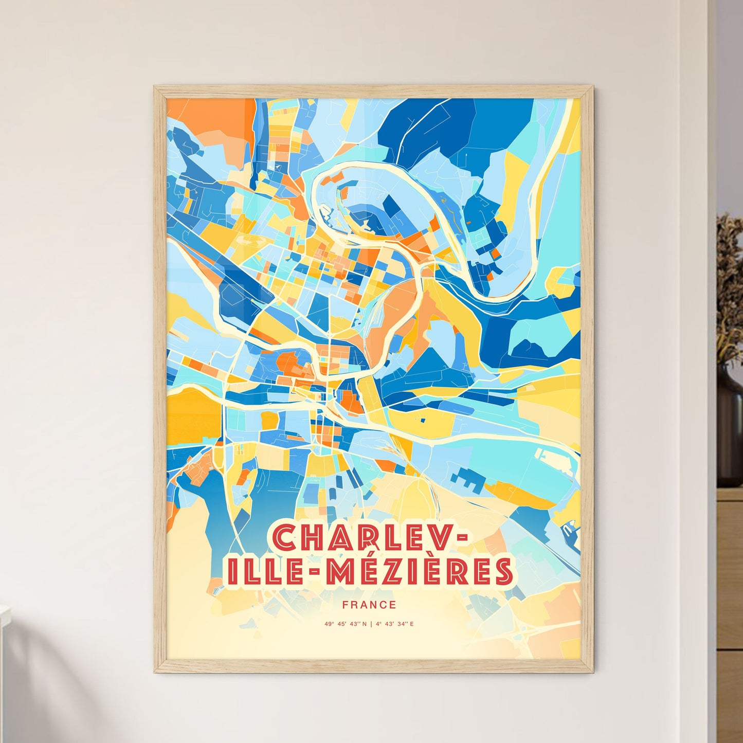 Colorful CHARLEVILLE-MÉZIÈRES FRANCE Fine Art Map Blue Orange