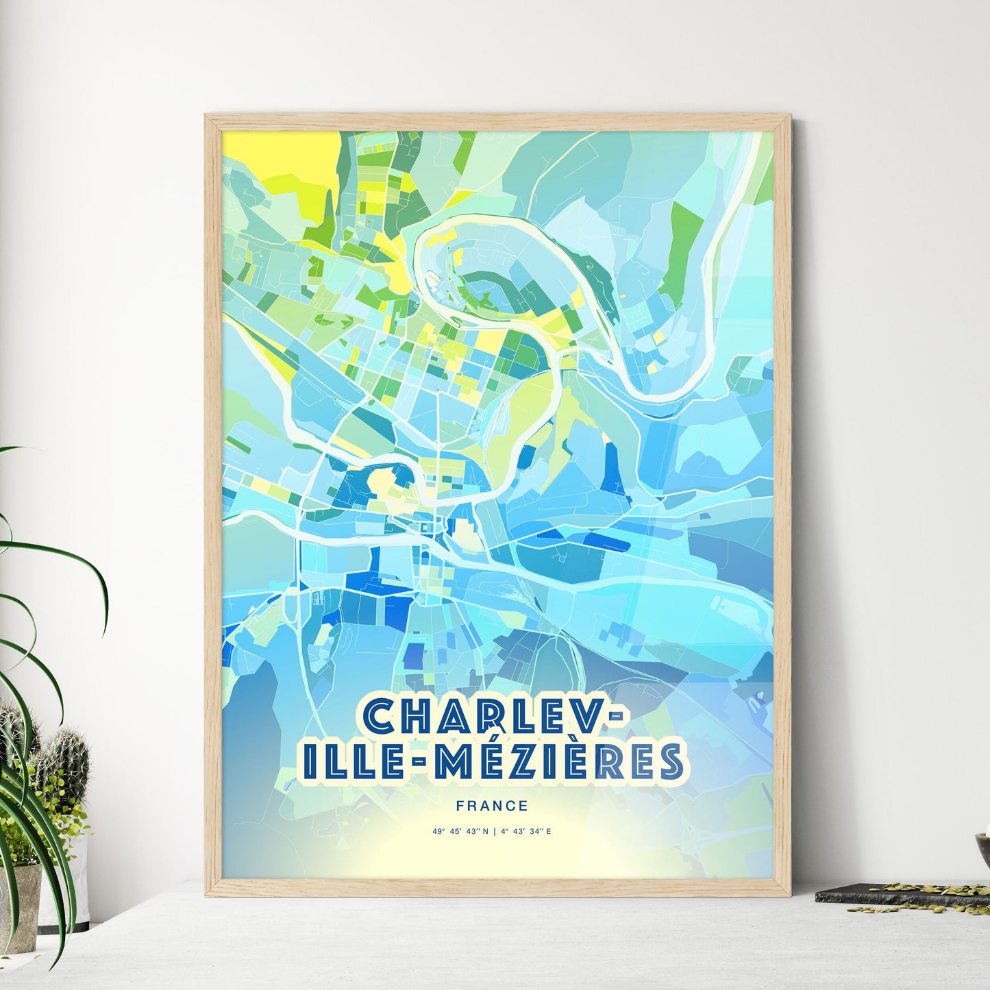 Colorful CHARLEVILLE-MÉZIÈRES FRANCE Fine Art Map Cool Blue