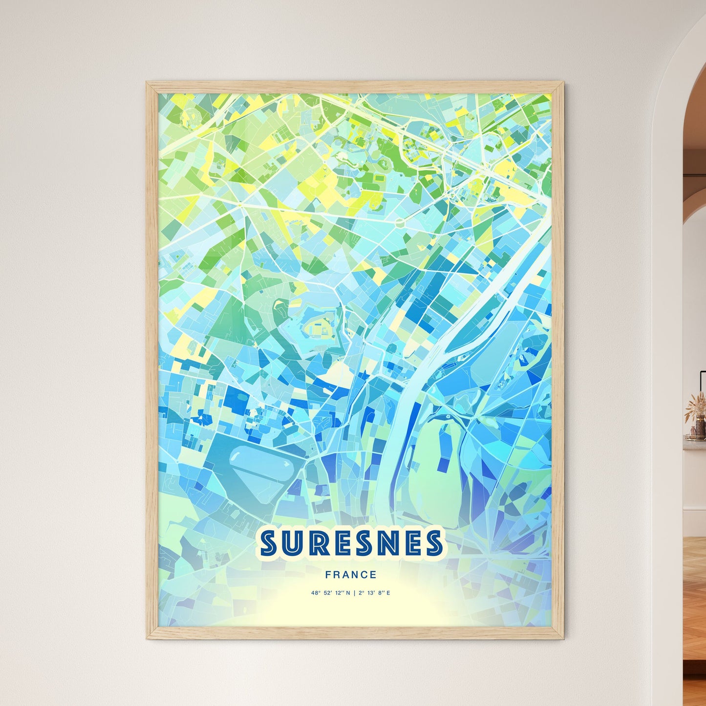 Colorful SURESNES FRANCE Fine Art Map Cool Blue