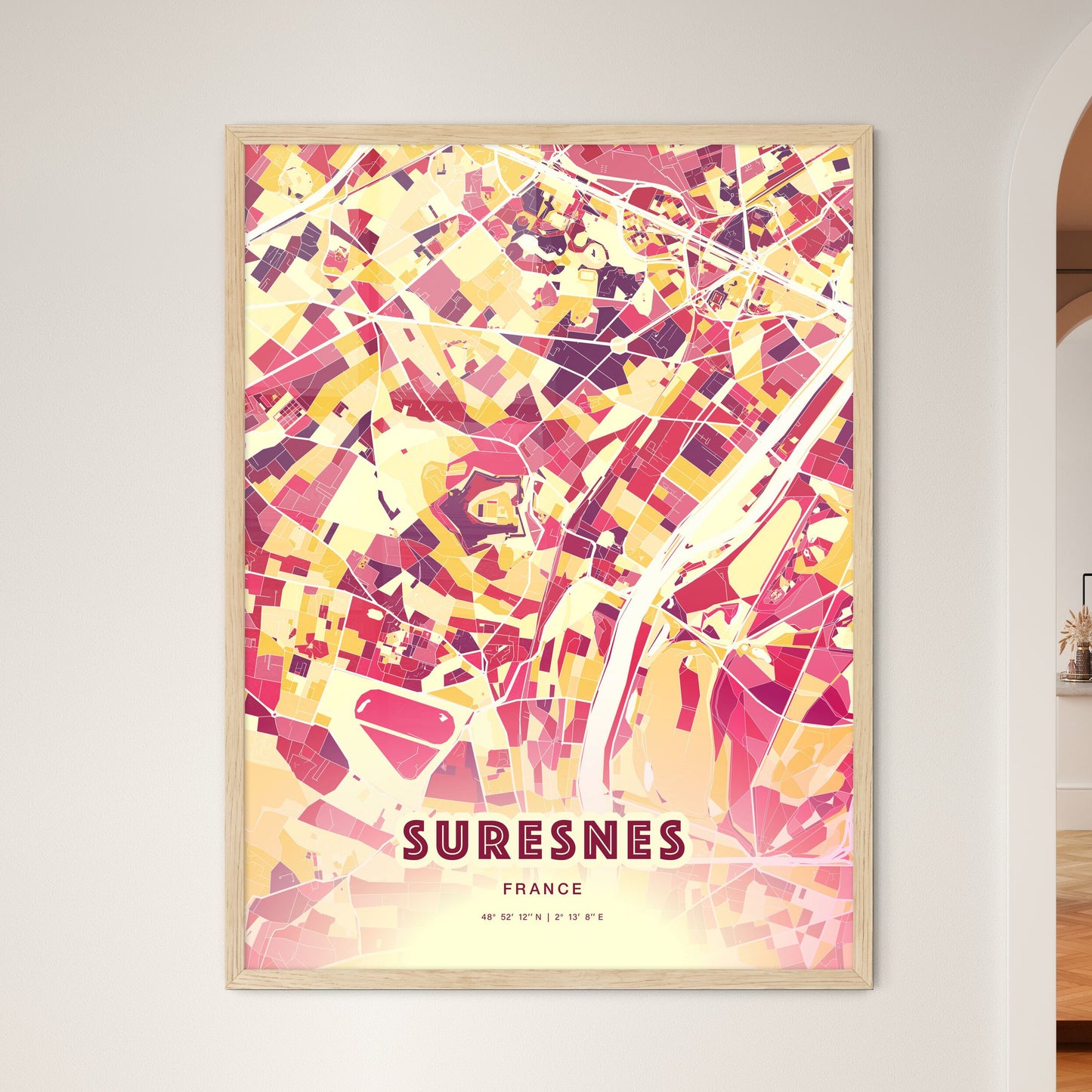 Colorful SURESNES FRANCE Fine Art Map Hot Red