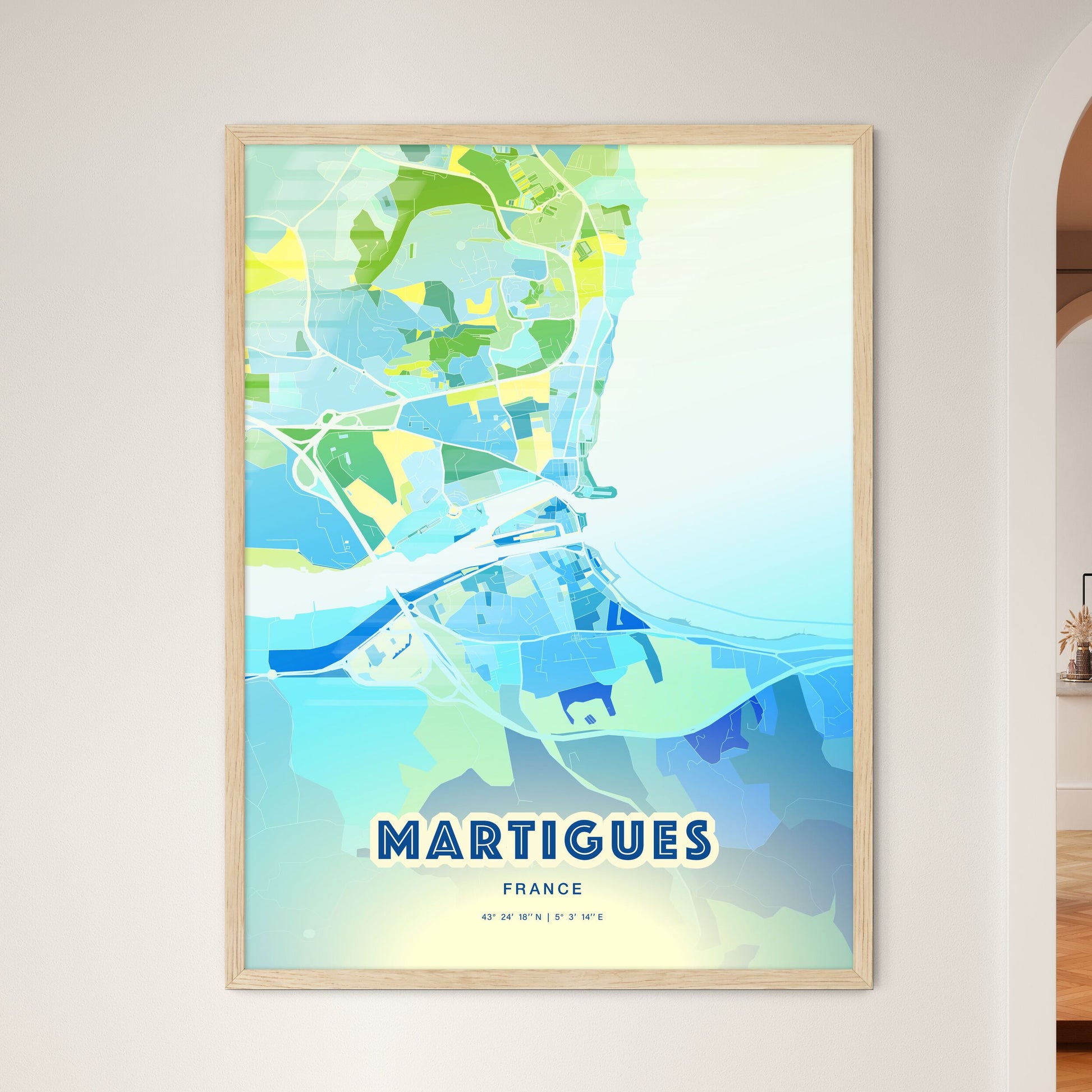 Colorful MARTIGUES FRANCE Fine Art Map Cool Blue