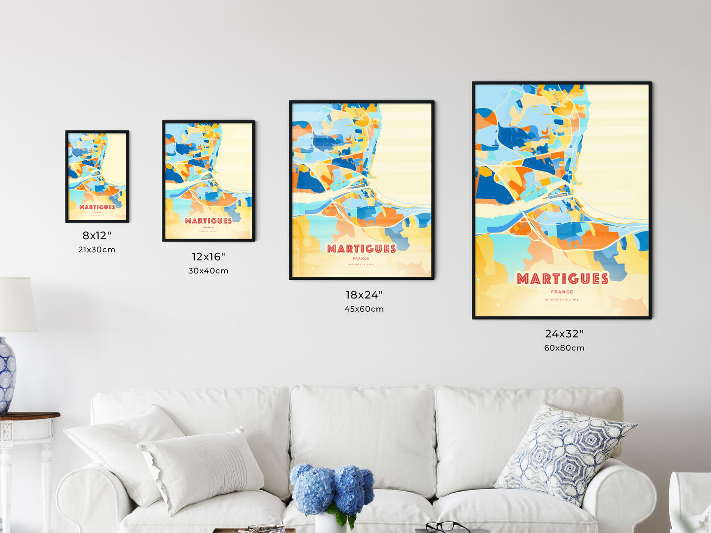 Colorful MARTIGUES FRANCE Fine Art Map Blue Orange