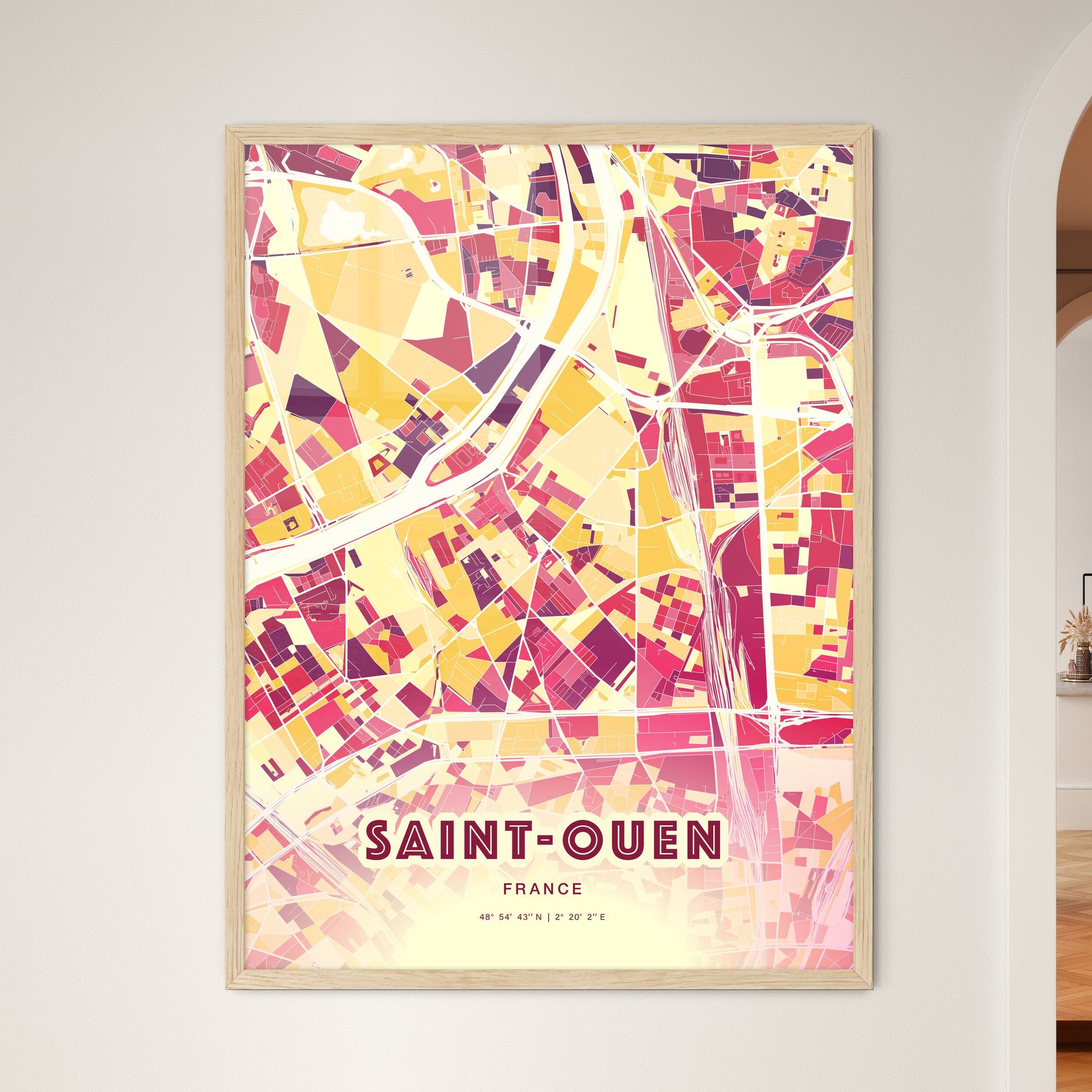 Colorful SAINT-OUEN FRANCE Fine Art Map Hot Red