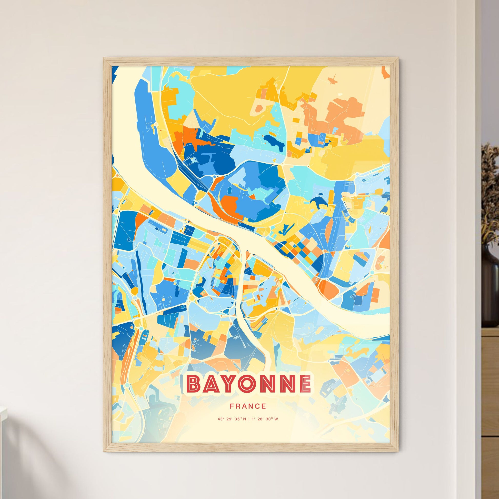 Colorful BAYONNE FRANCE Fine Art Map Blue Orange