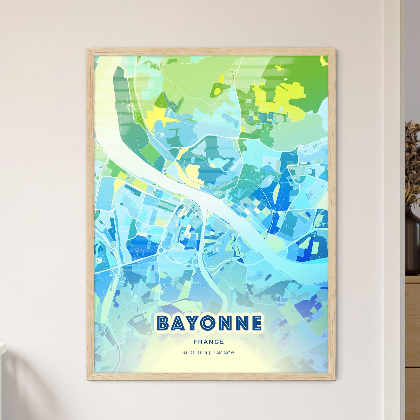 Colorful BAYONNE FRANCE Fine Art Map Cool Blue