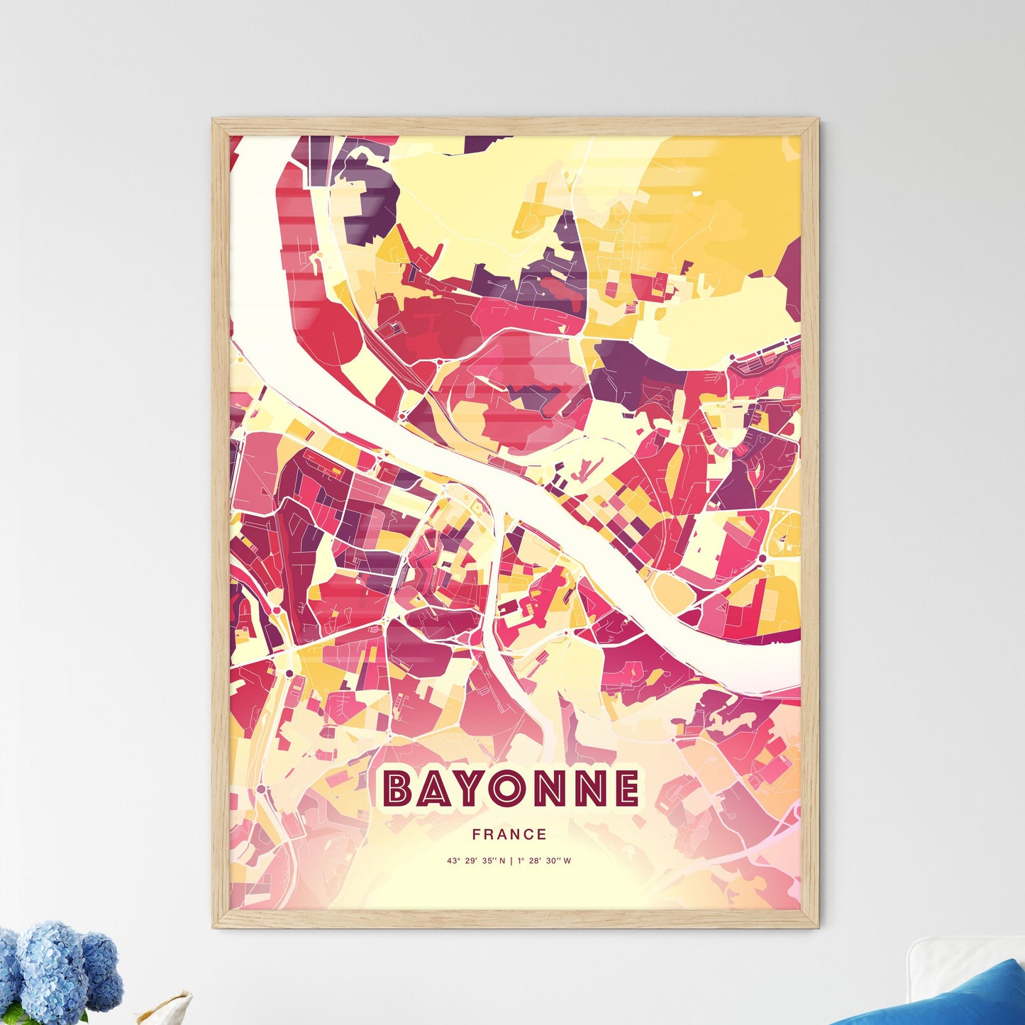 Colorful BAYONNE FRANCE Fine Art Map Hot Red