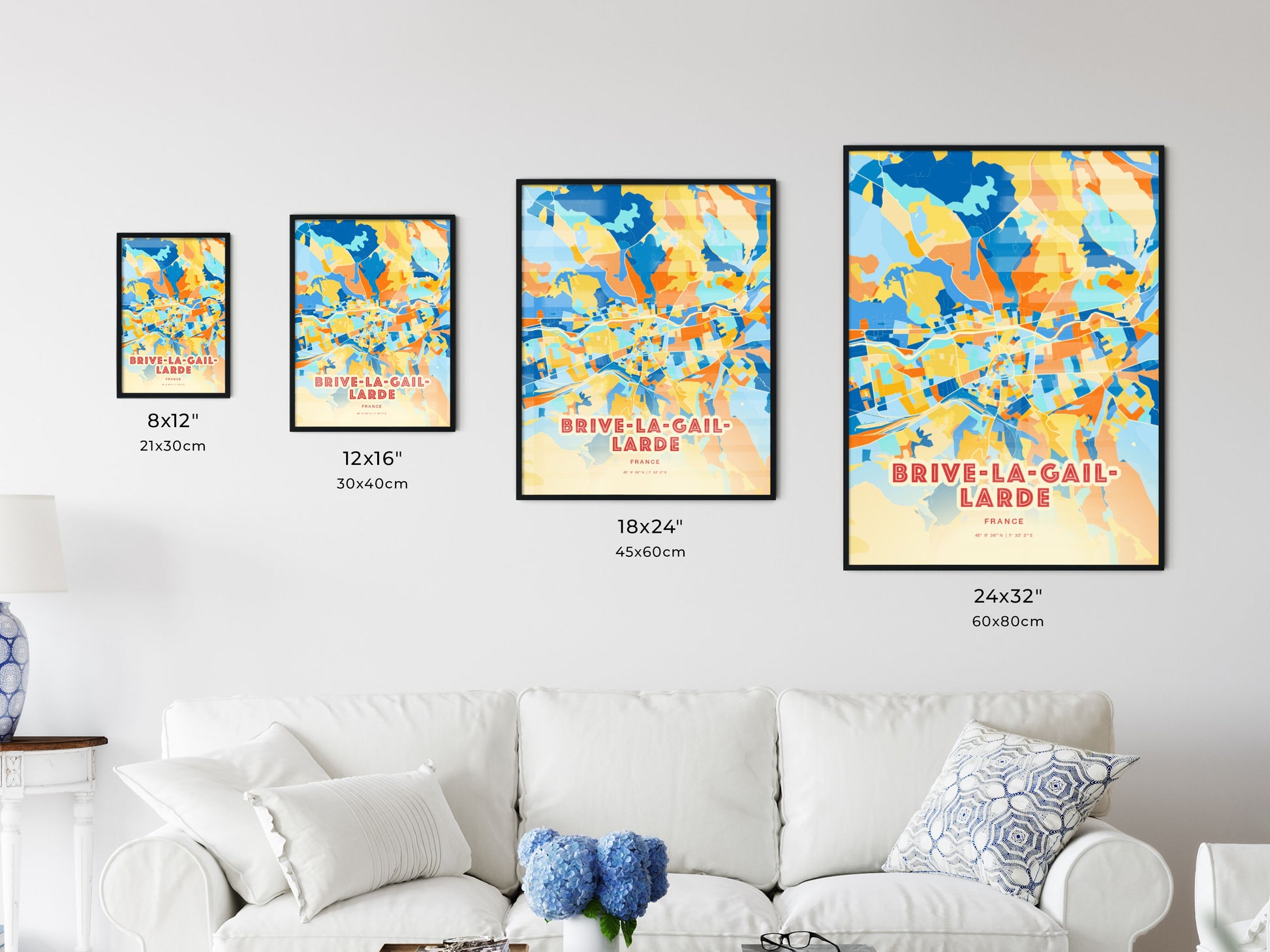 Colorful BRIVE-LA-GAILLARDE FRANCE Fine Art Map Blue Orange