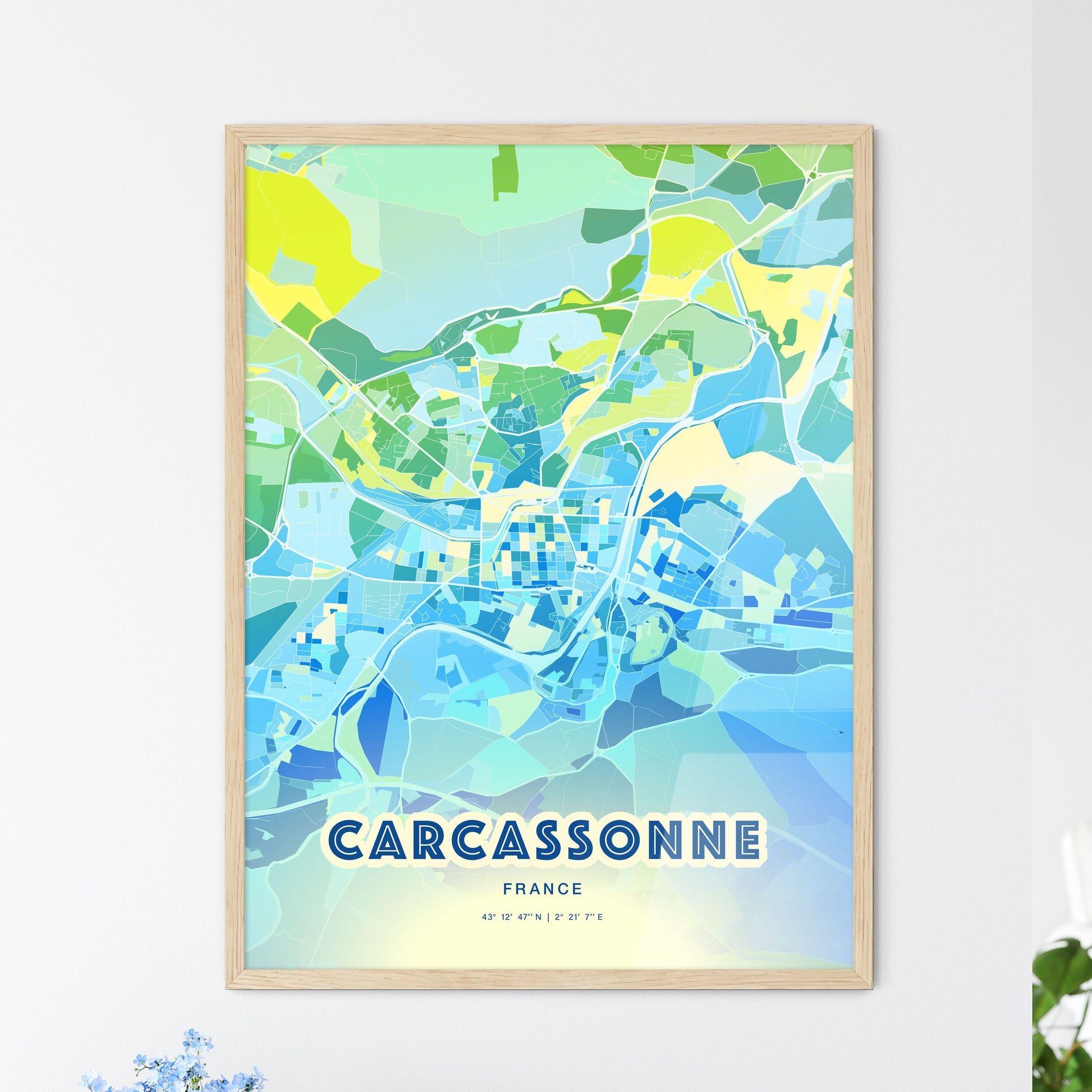 Colorful CARCASSONNE FRANCE Fine Art Map Cool Blue