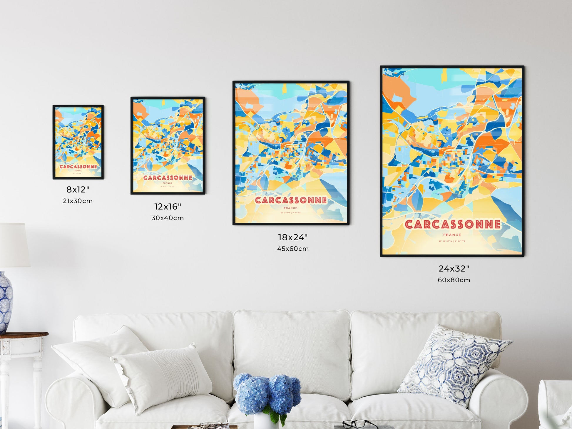 Colorful CARCASSONNE FRANCE Fine Art Map Blue Orange