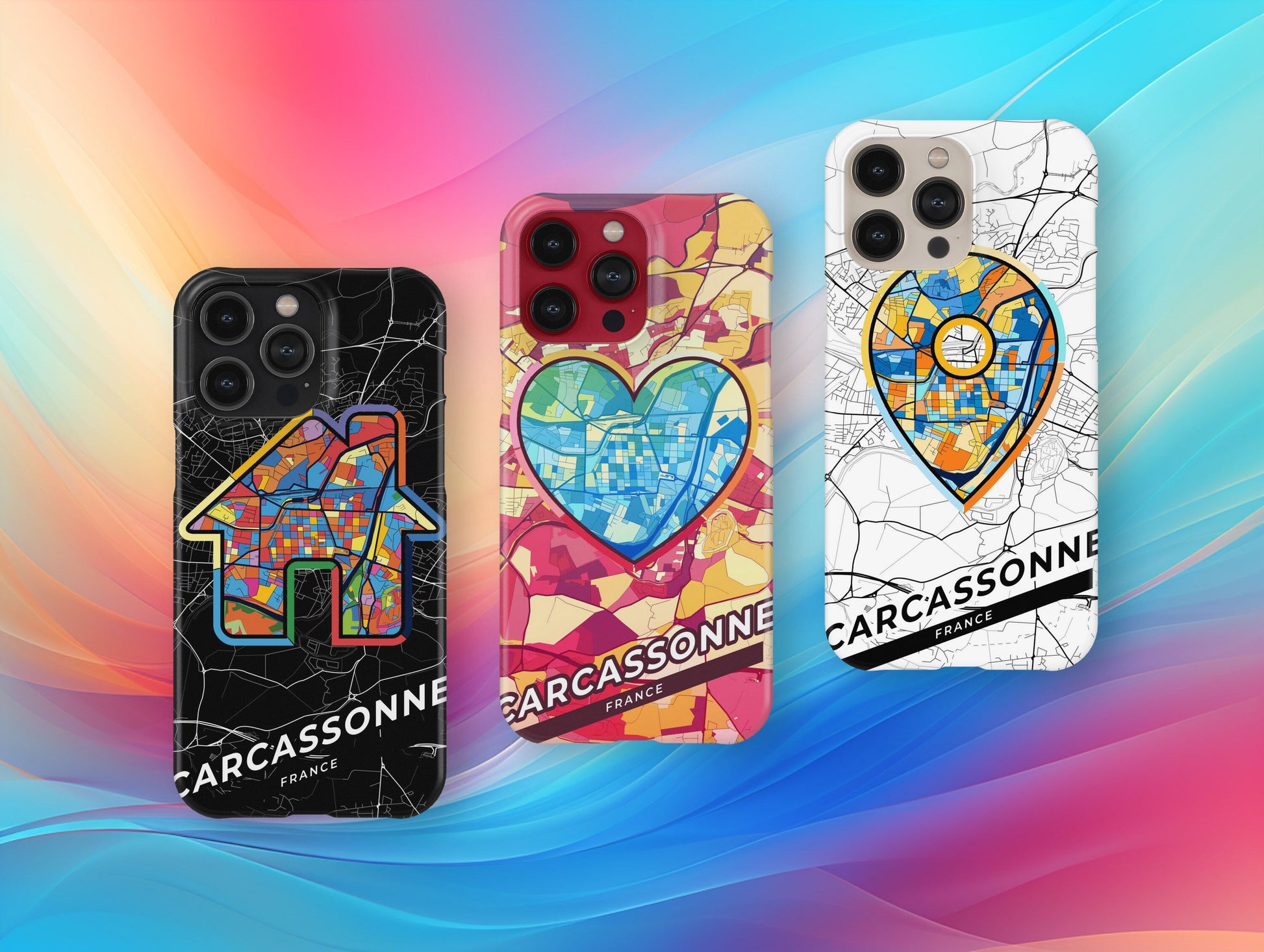 Carcassonne France slim phone case with colorful icon. Birthday, wedding or housewarming gift. Couple match cases.