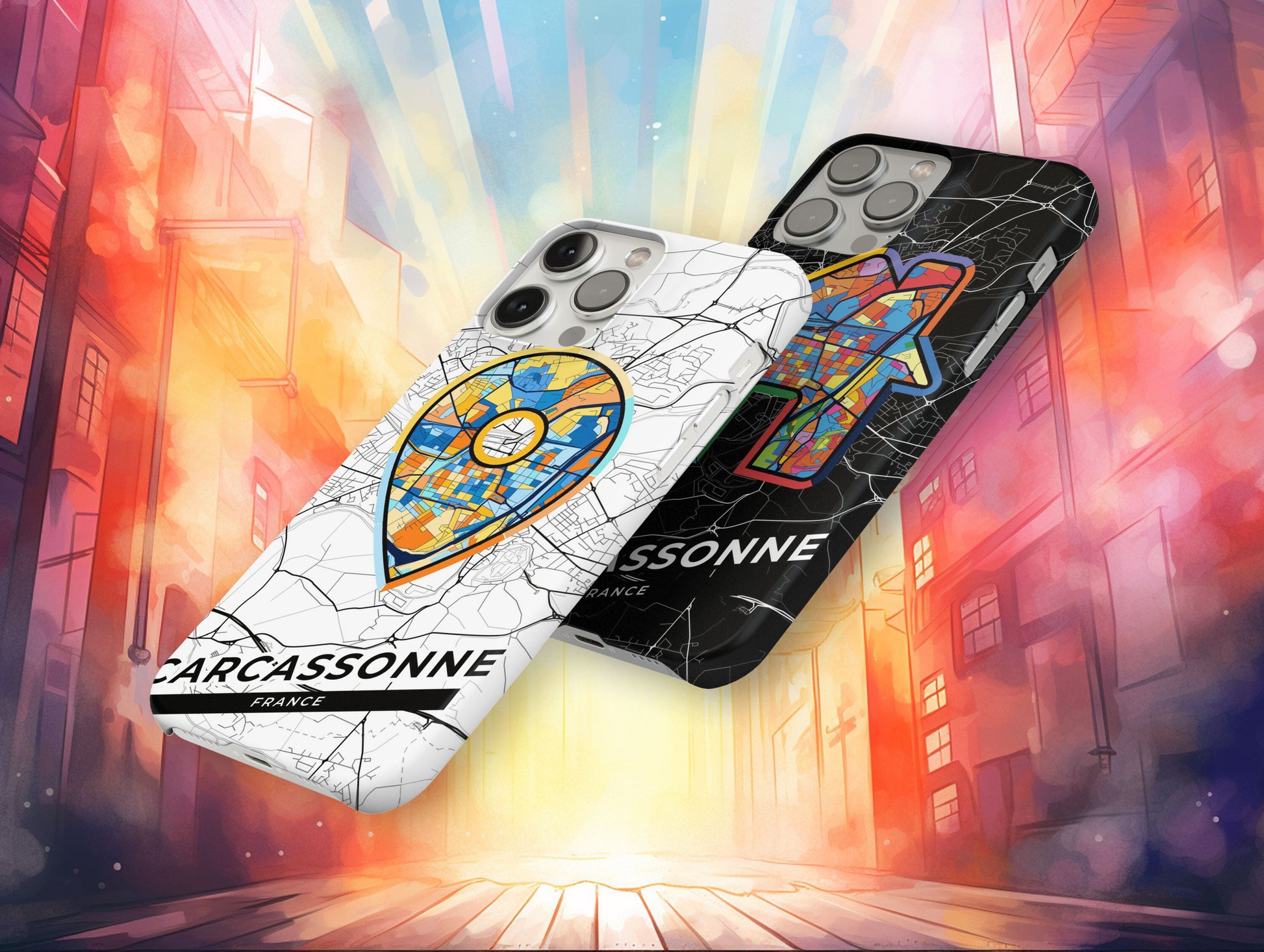 Carcassonne France slim phone case with colorful icon. Birthday, wedding or housewarming gift. Couple match cases.