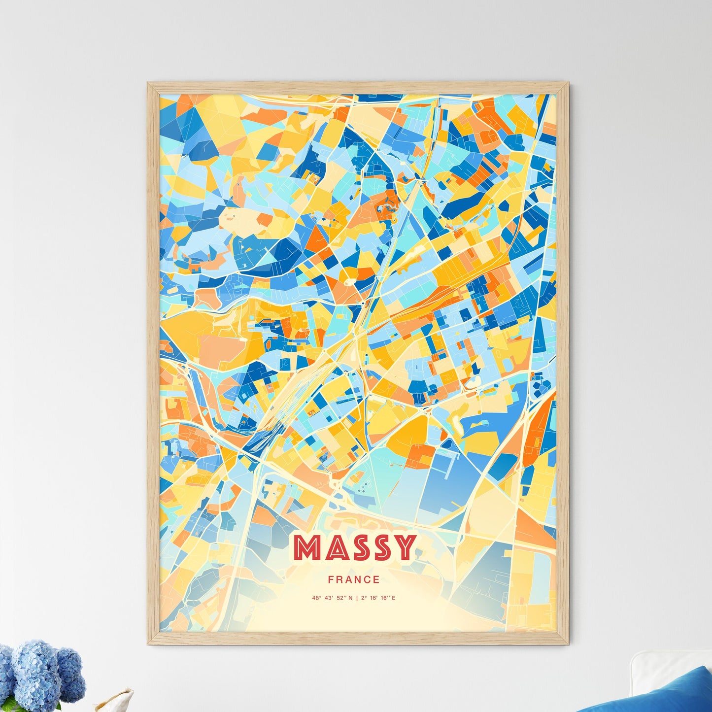 Colorful MASSY FRANCE Fine Art Map Blue Orange