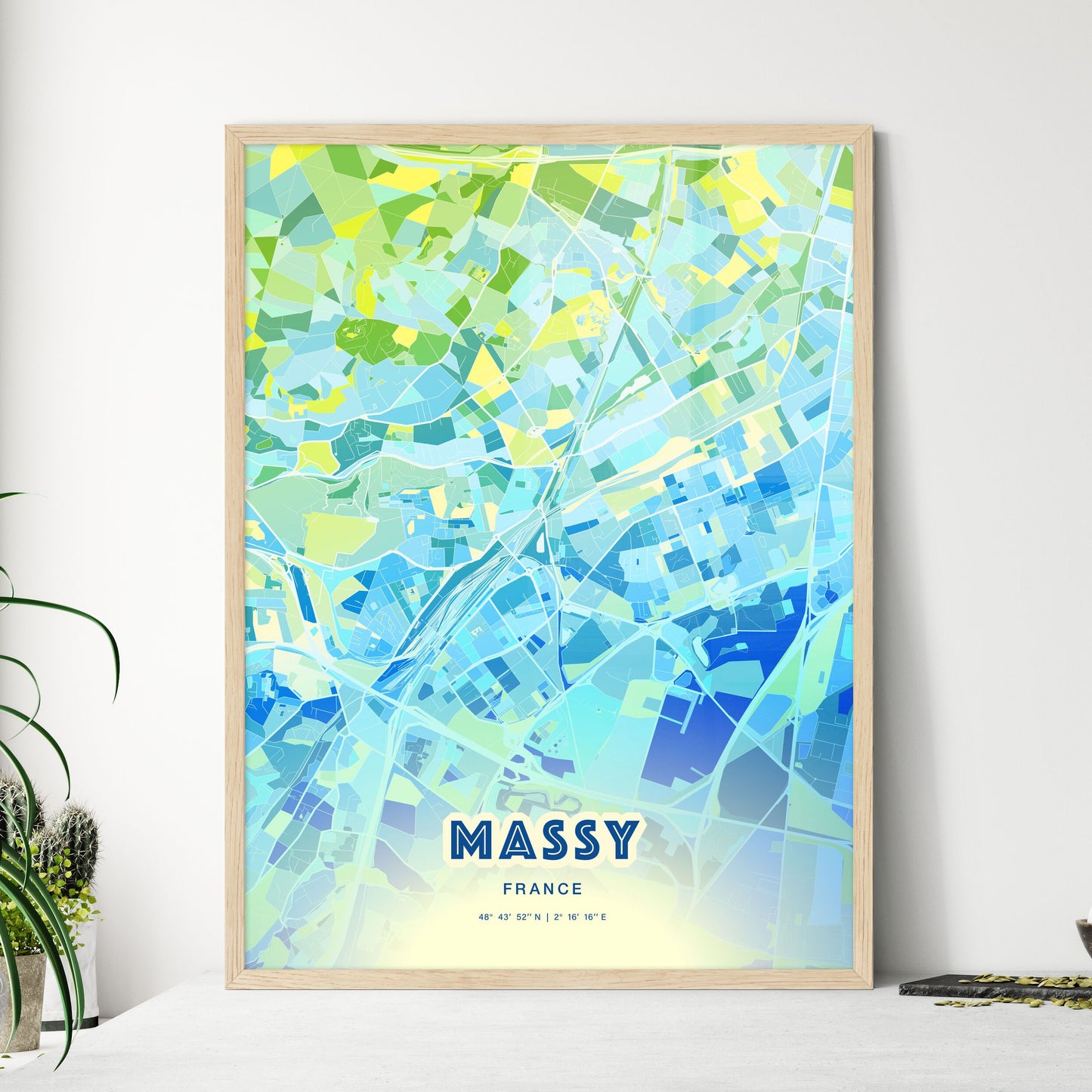 Colorful MASSY FRANCE Fine Art Map Cool Blue