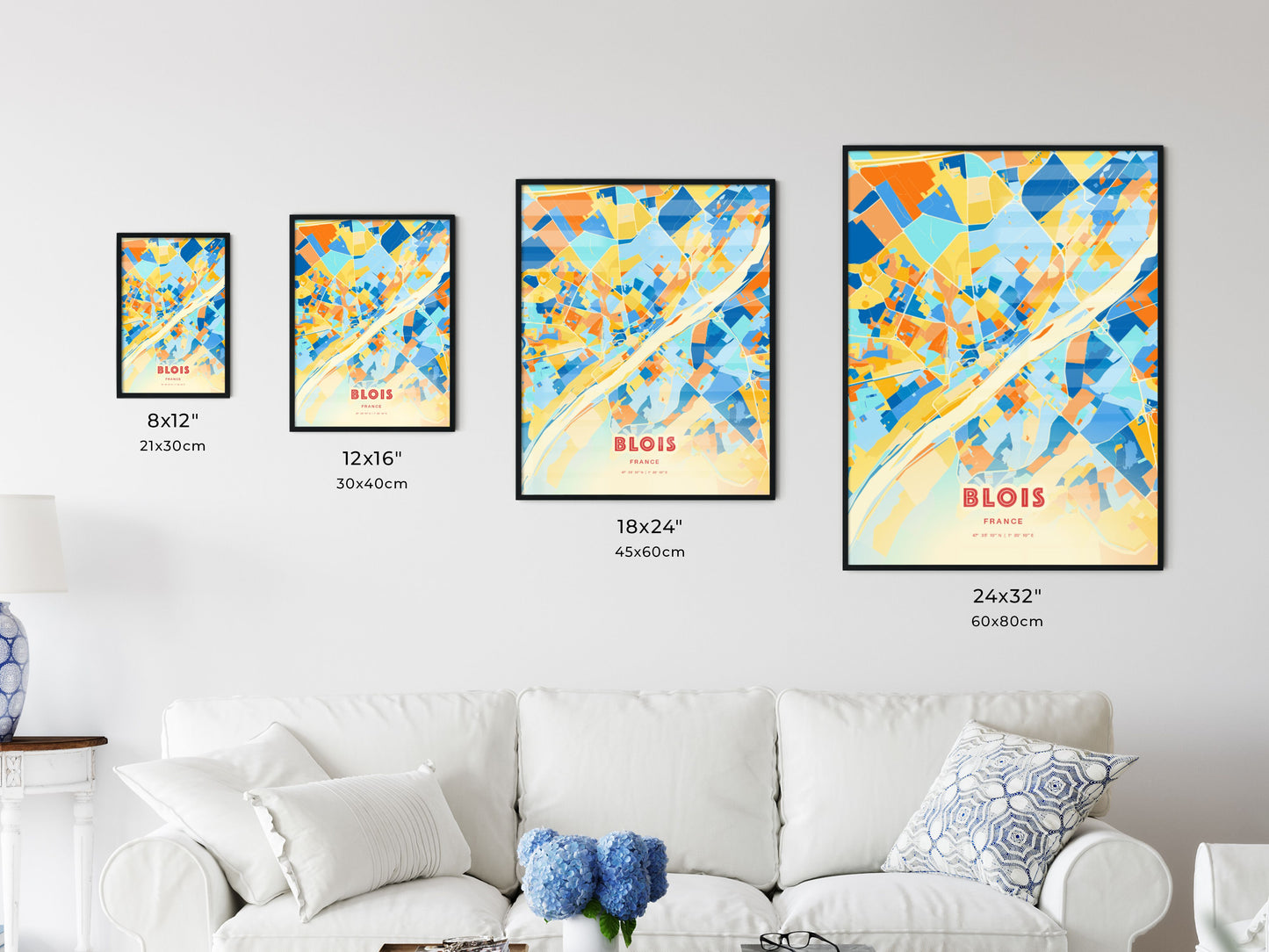 Colorful BLOIS FRANCE Fine Art Map Blue Orange