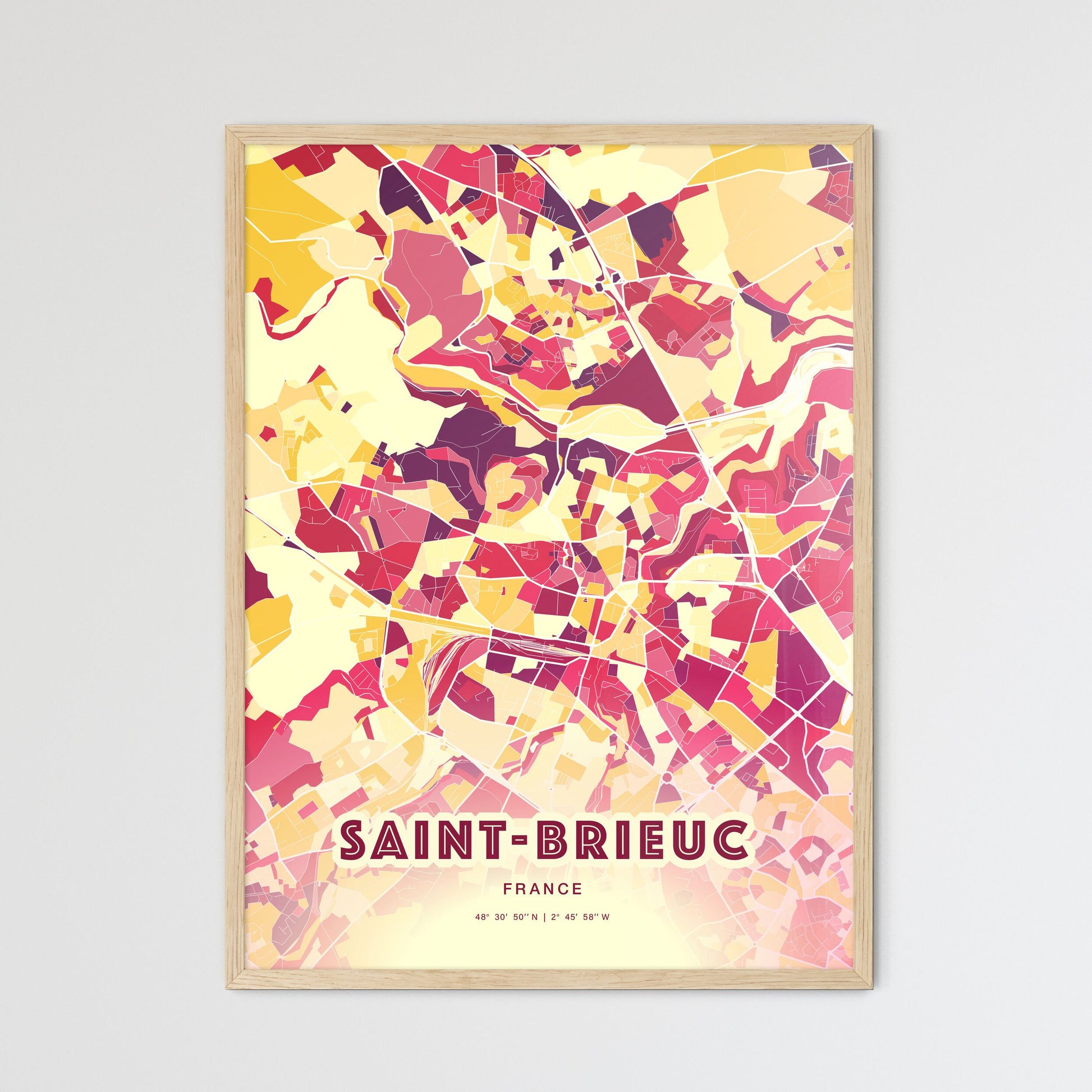 Colorful SAINT-BRIEUC FRANCE Fine Art Map Hot Red