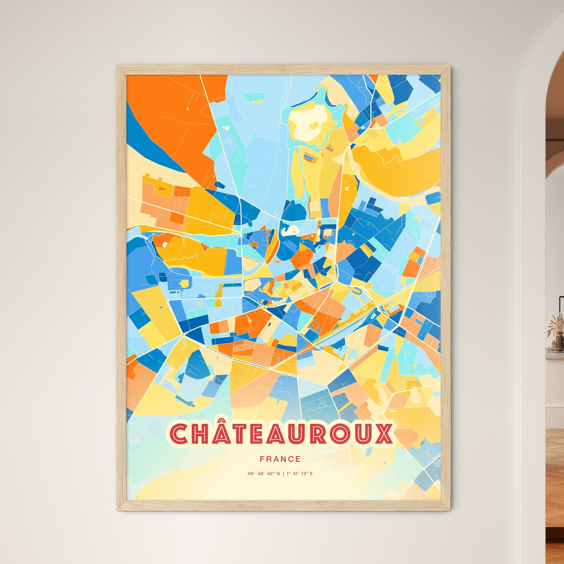 Colorful CHÂTEAUROUX FRANCE Fine Art Map Blue Orange