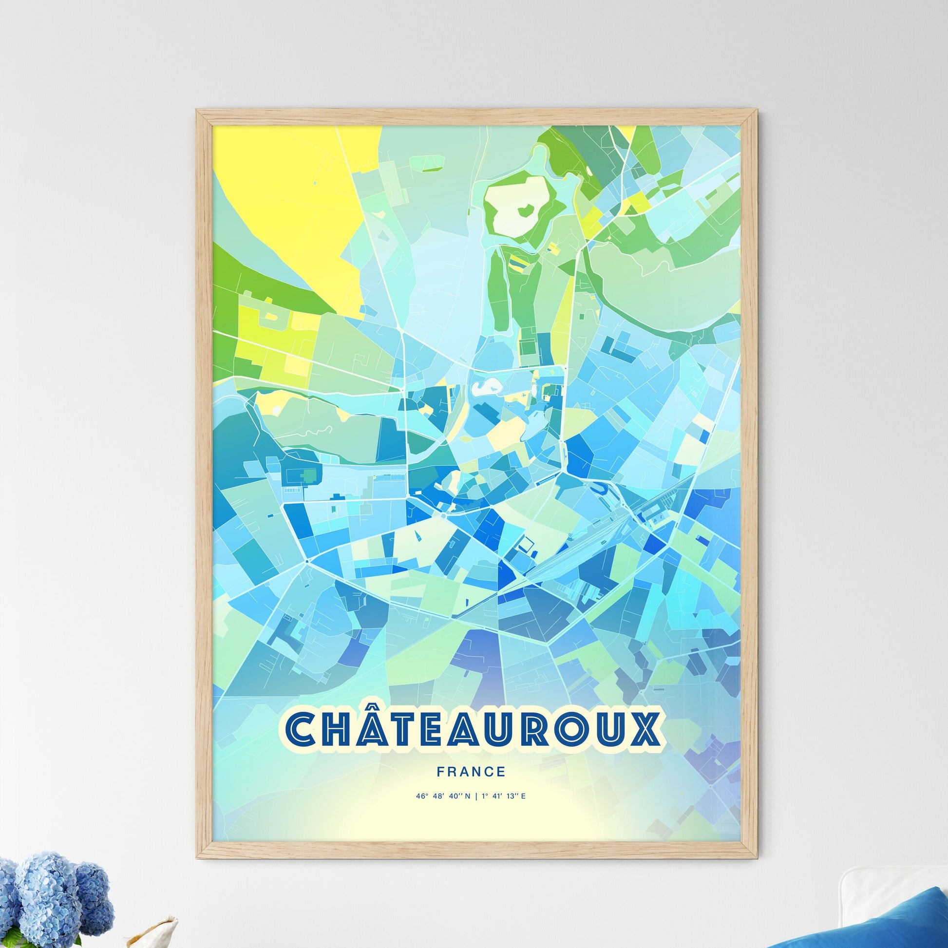 Colorful CHÂTEAUROUX FRANCE Fine Art Map Cool Blue