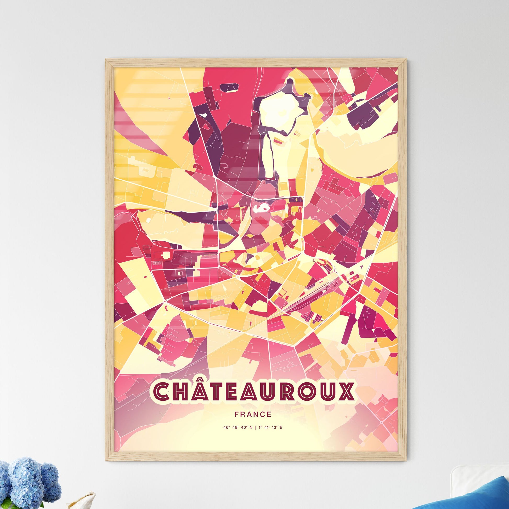 Colorful CHÂTEAUROUX FRANCE Fine Art Map Hot Red