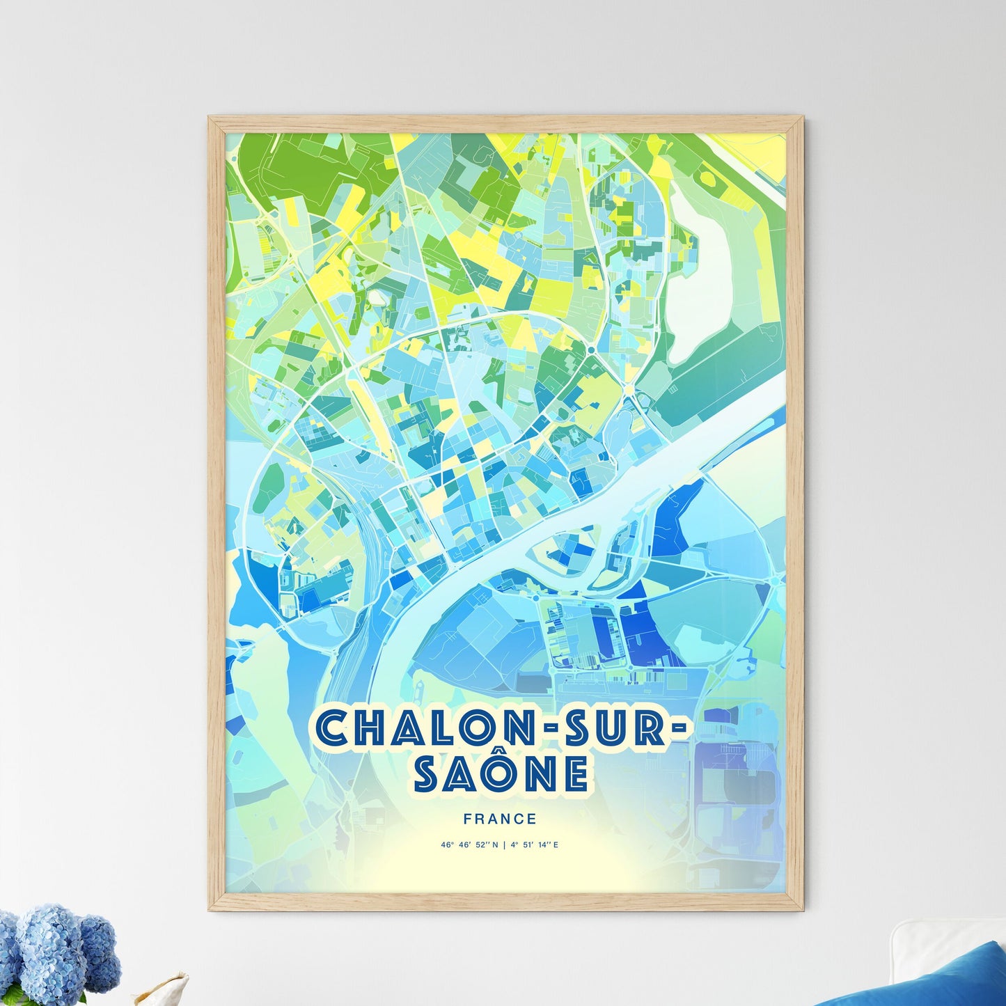 Colorful CHALON-SUR-SAÔNE FRANCE Fine Art Map Cool Blue