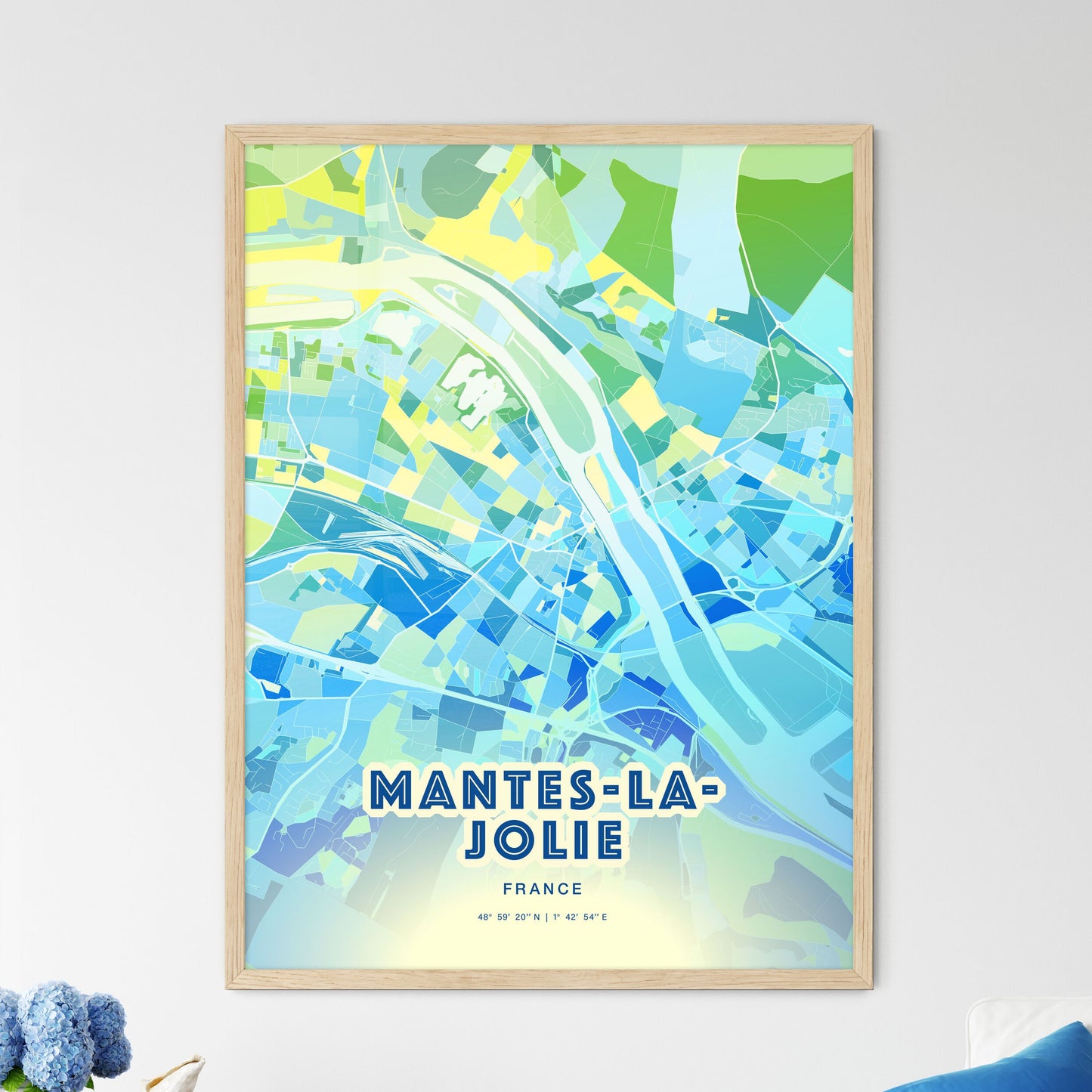 Colorful MANTES-LA-JOLIE FRANCE Fine Art Map Cool Blue