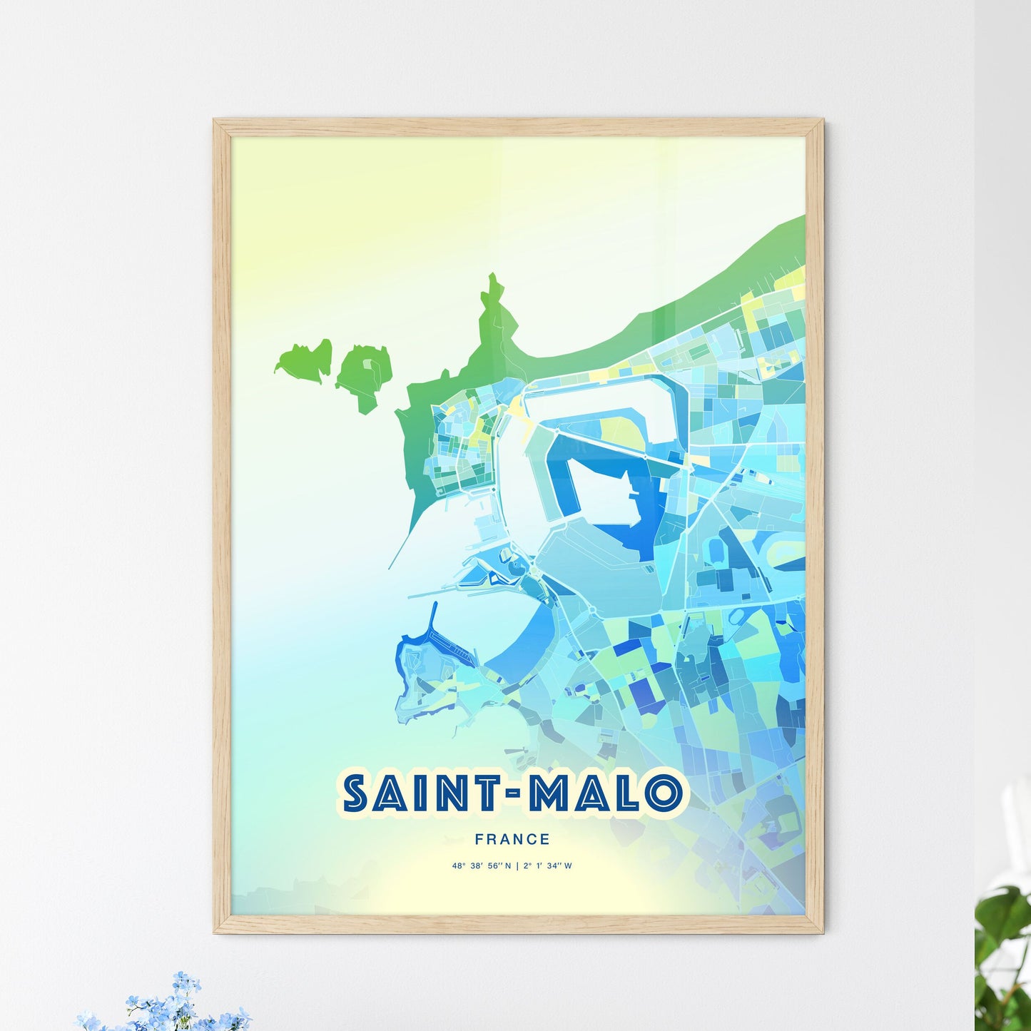Colorful SAINT-MALO FRANCE Fine Art Map Cool Blue