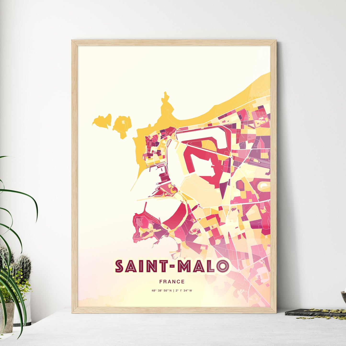 Colorful SAINT-MALO FRANCE Fine Art Map Hot Red