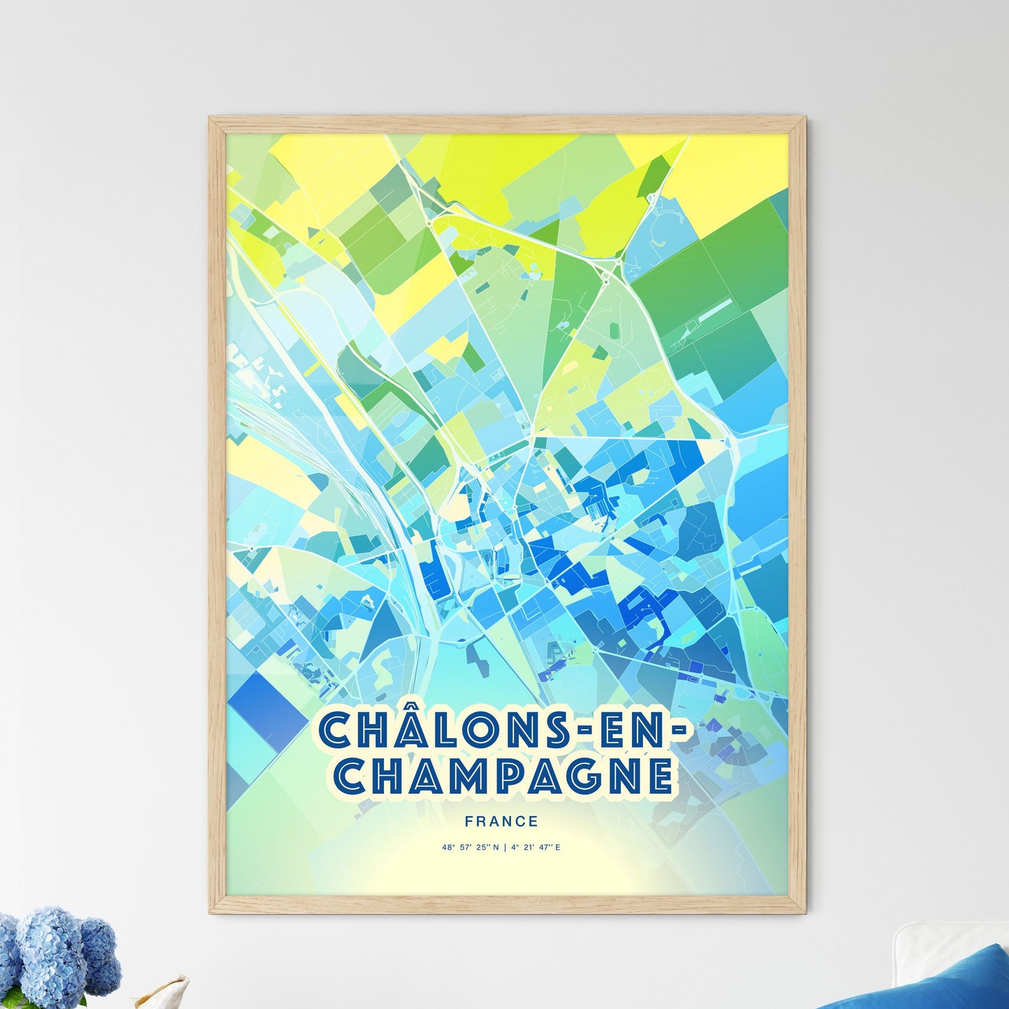 Colorful CHÂLONS-EN-CHAMPAGNE FRANCE Fine Art Map Cool Blue