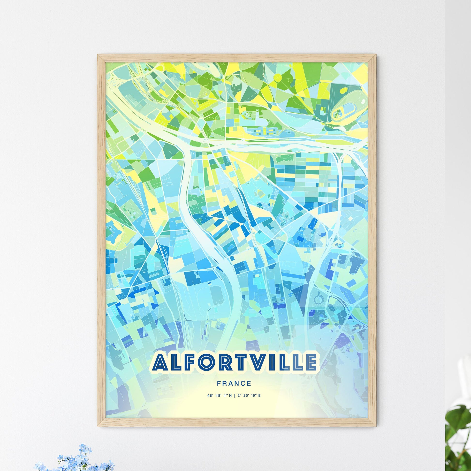 Colorful ALFORTVILLE FRANCE Fine Art Map Cool Blue