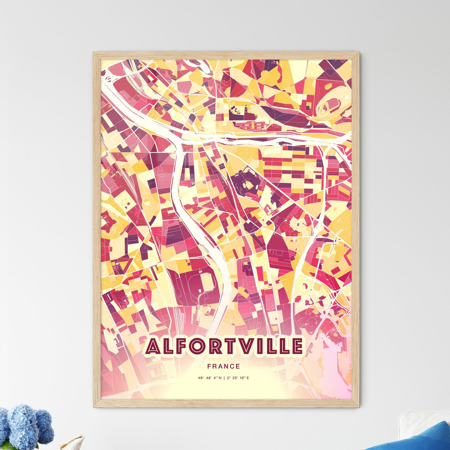 Colorful ALFORTVILLE FRANCE Fine Art Map Hot Red