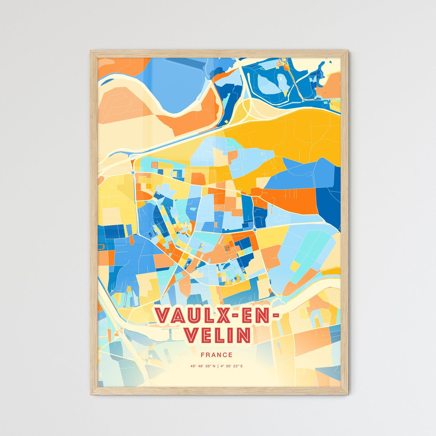 Colorful VAULX-EN-VELIN FRANCE Fine Art Map Blue Orange