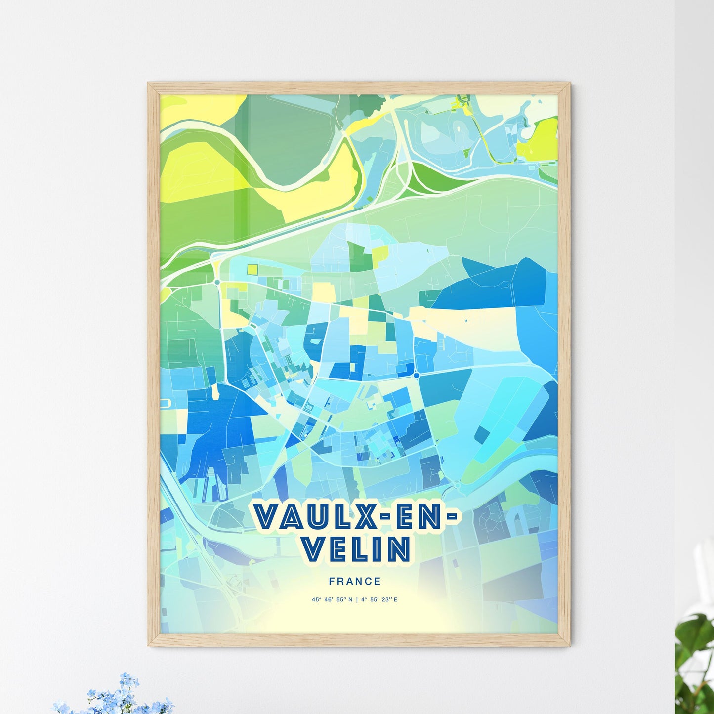 Colorful VAULX-EN-VELIN FRANCE Fine Art Map Cool Blue