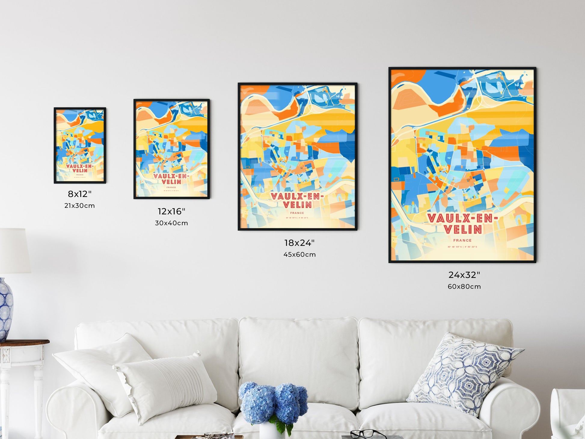 Colorful VAULX-EN-VELIN FRANCE Fine Art Map Blue Orange